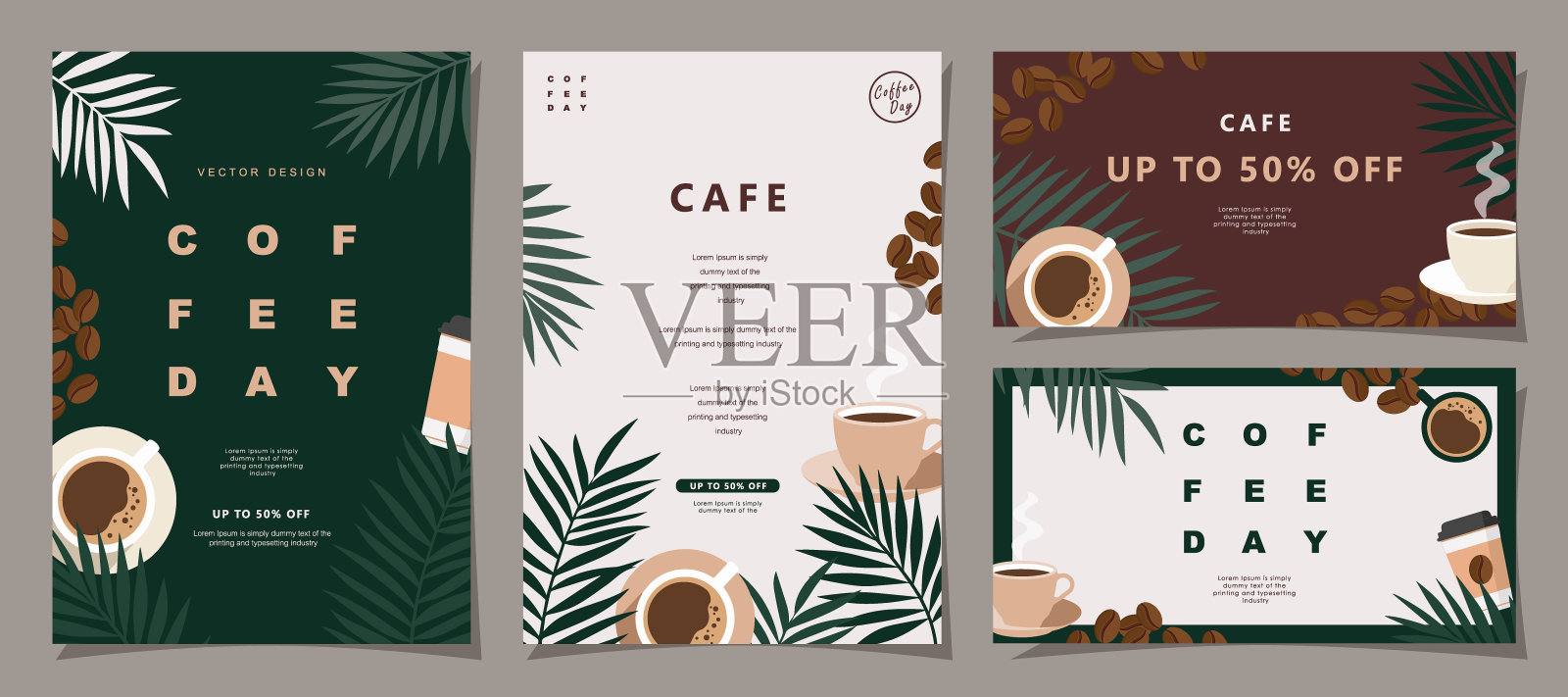 一组草图海报与咖啡豆和树叶在极简主义的背景下，横幅，封面，菜单或另一个模板设计。矢量插图。插画图片素材