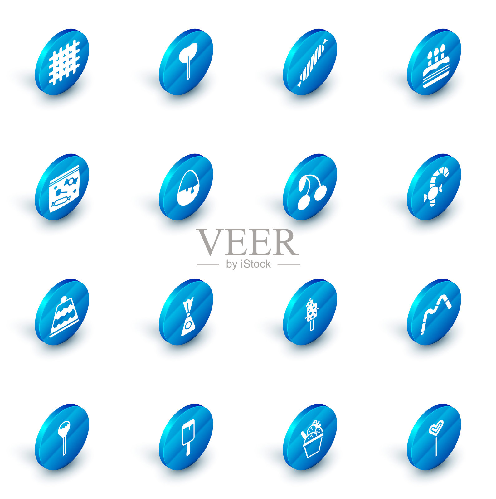 集棒棒糖，糖果，蛋糕与燃烧的蜡烛，包装糖果，巧克力蛋，圣诞糖果手杖和樱桃图标。向量插画图片素材