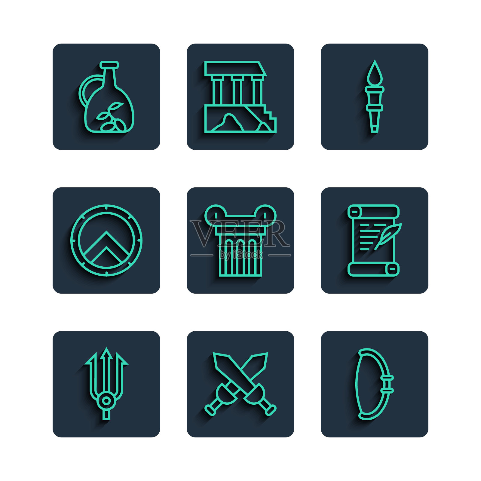 设置线海王星三叉戟，交叉中世纪剑，中世纪弓，火炬火焰，古代柱，希腊盾，橄榄油和法令，羊皮纸，卷轴图标。向量插画图片素材