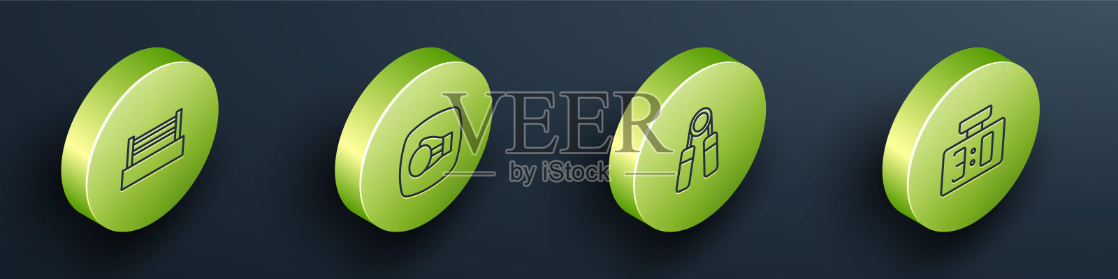 设置等距线拳击戒指，手套，运动扩展器和机械计分板图标。向量插画图片素材