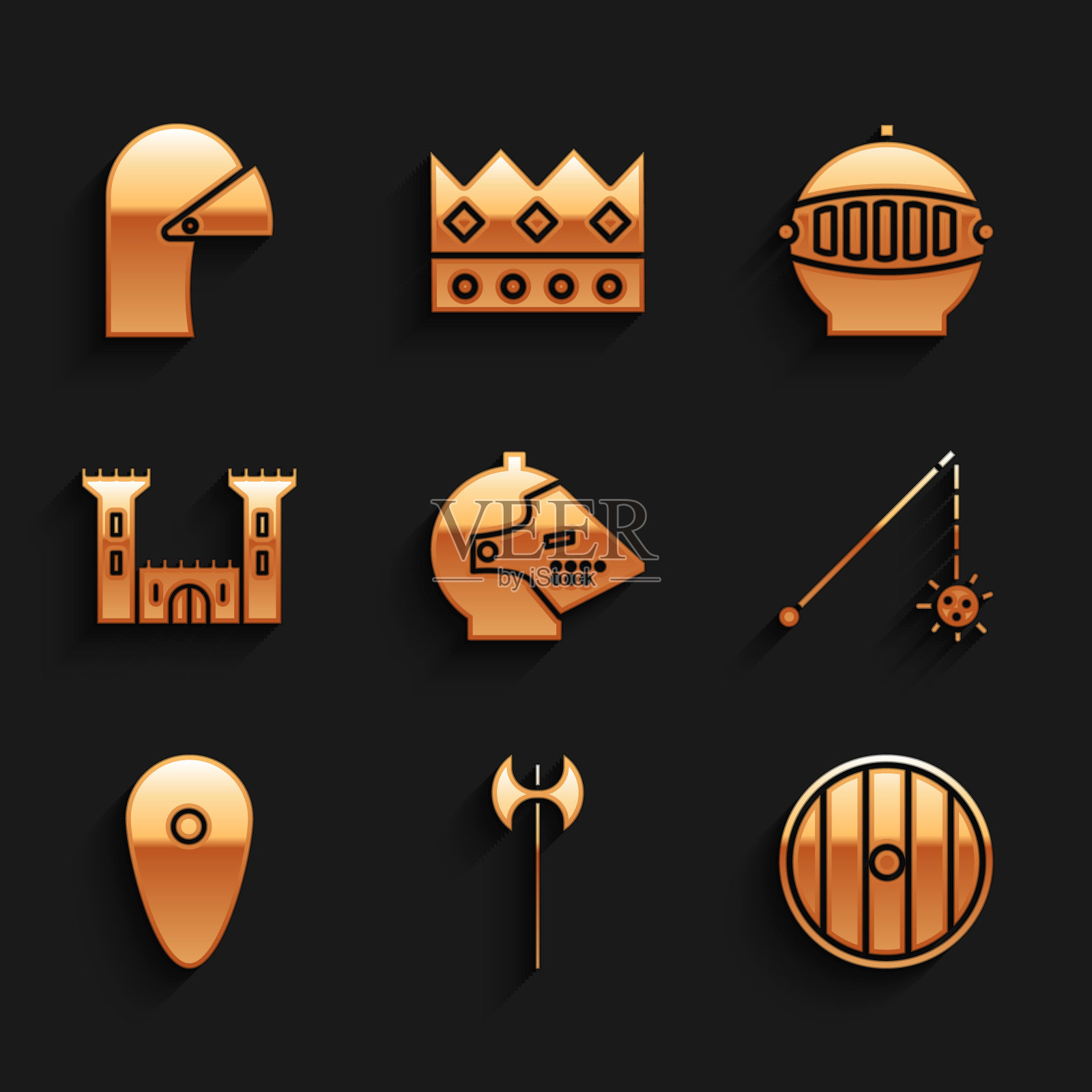 设置中世纪铁头盔，斧头，圆形木盾，链状狼牙棒球，盾牌，城堡和图标。向量插画图片素材