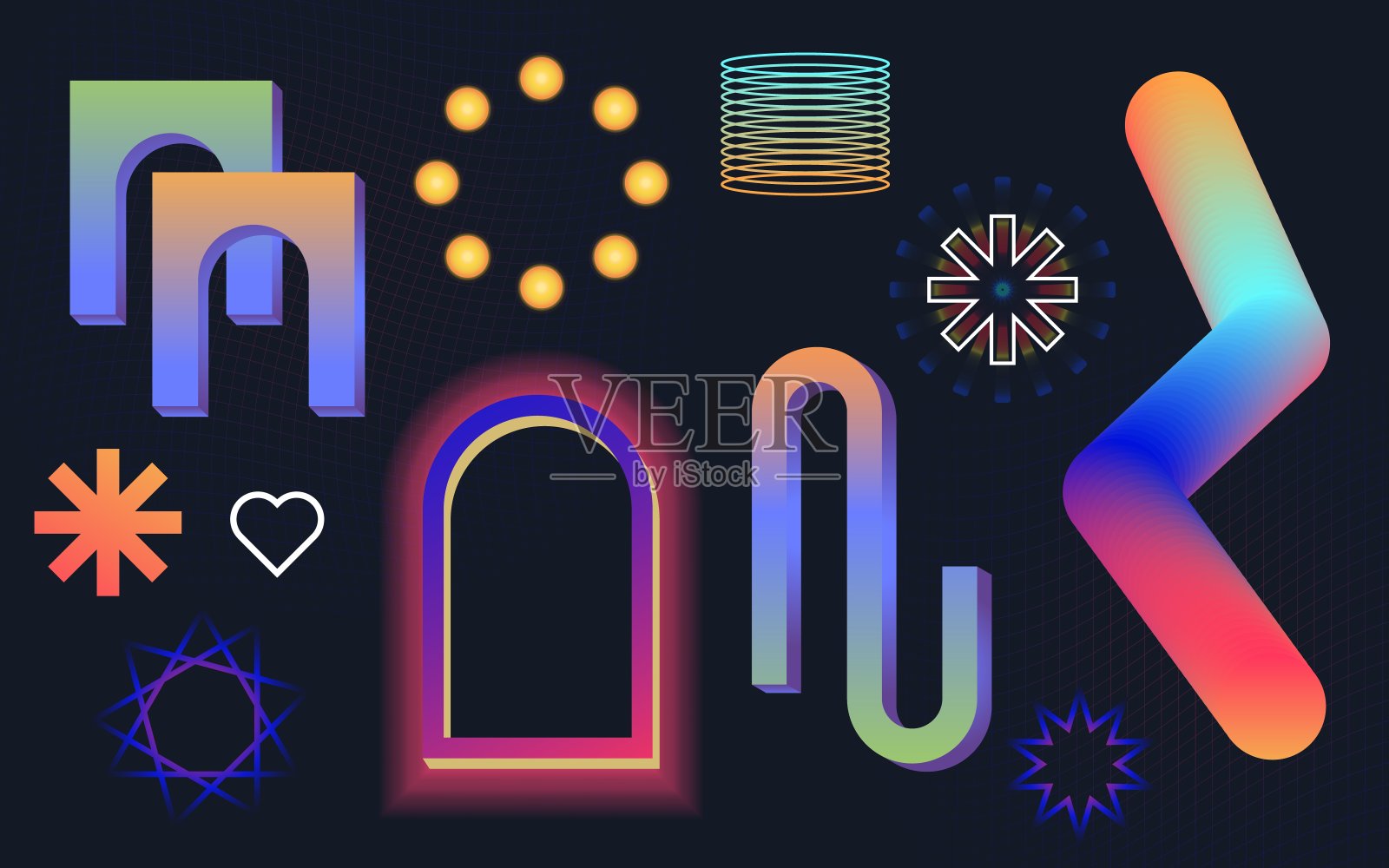 带有霓虹灯的新野蛮主义元素。Vaporwave集。复古未来的千年虫不同的形状和数字。网络新未来主义风格80年代90年代抽象风格孤立上暗。插画图片素材