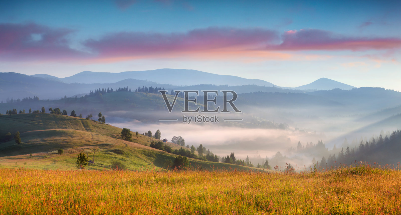 喀尔巴阡山脉雾蒙蒙的夏日日出。照片摄影图片