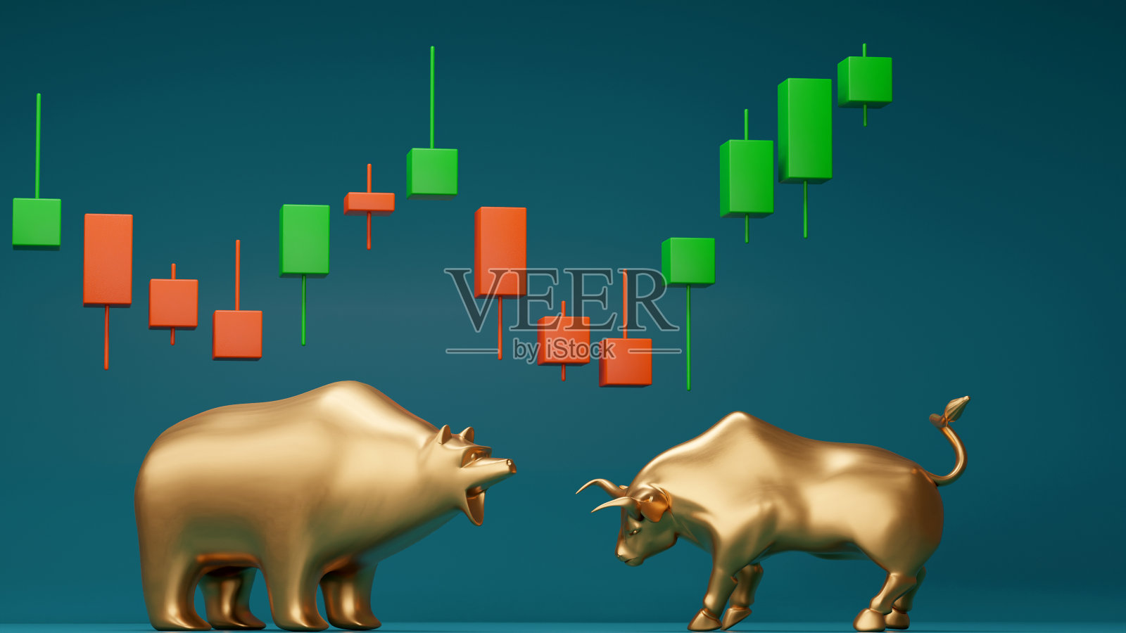 股票市场交易或金融分析的概念，牛和熊与未来主义的元素，3d渲染照片摄影图片