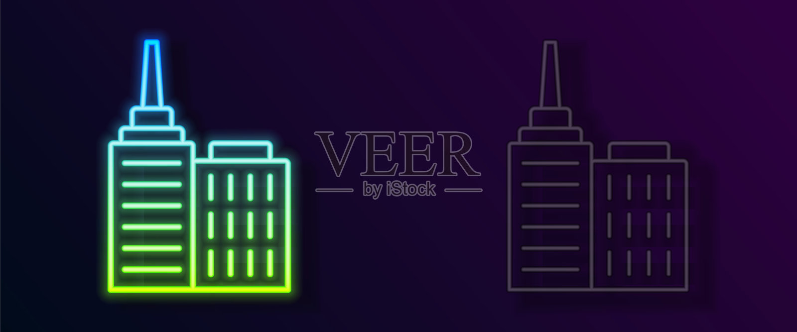 发光的霓虹灯线城市景观图标孤立的黑色背景。都市建筑全景景观。向量插画图片素材