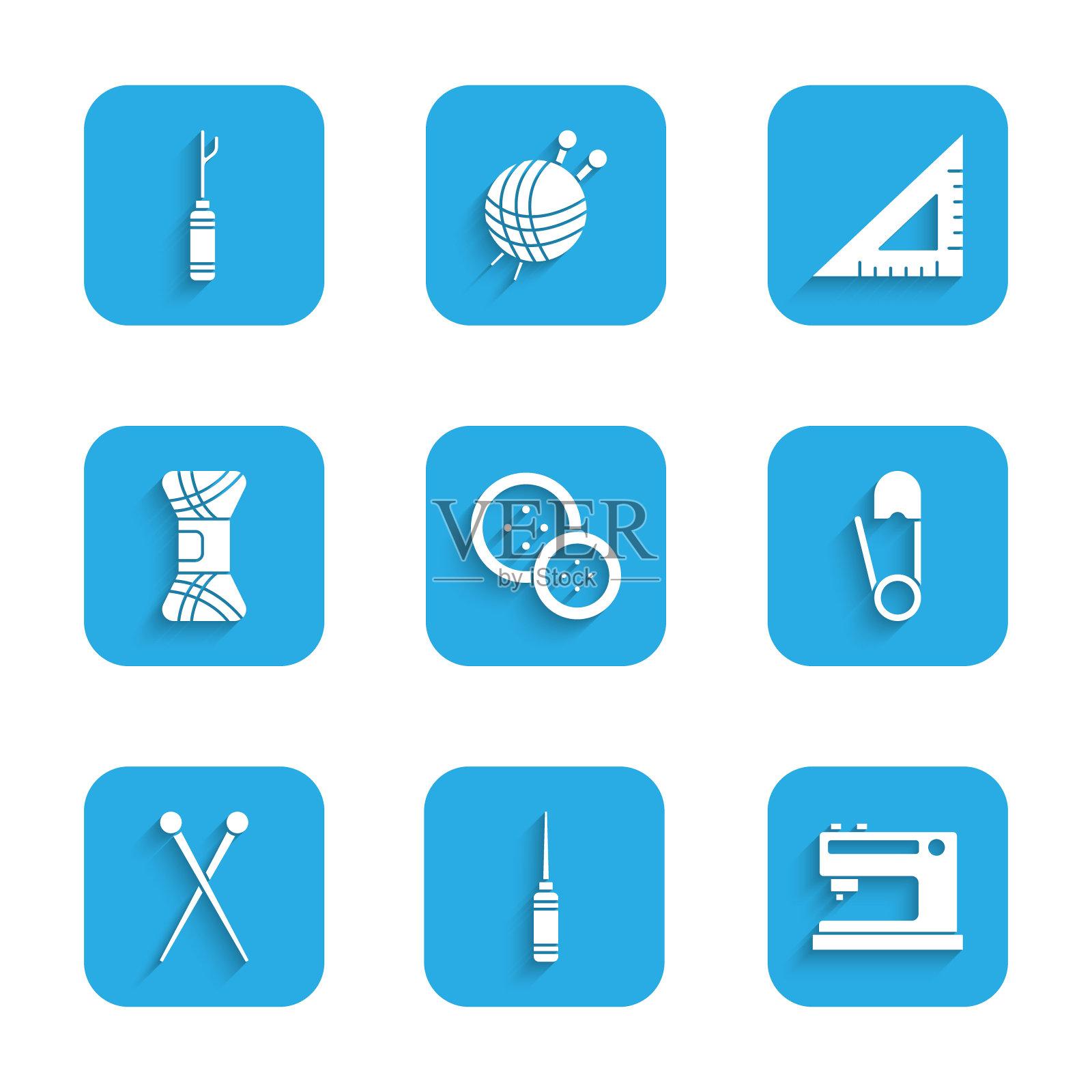 集缝纫按钮，锥子工具，机器，安全别针，针织针，纱线，三角形尺子和图标。向量插画图片素材