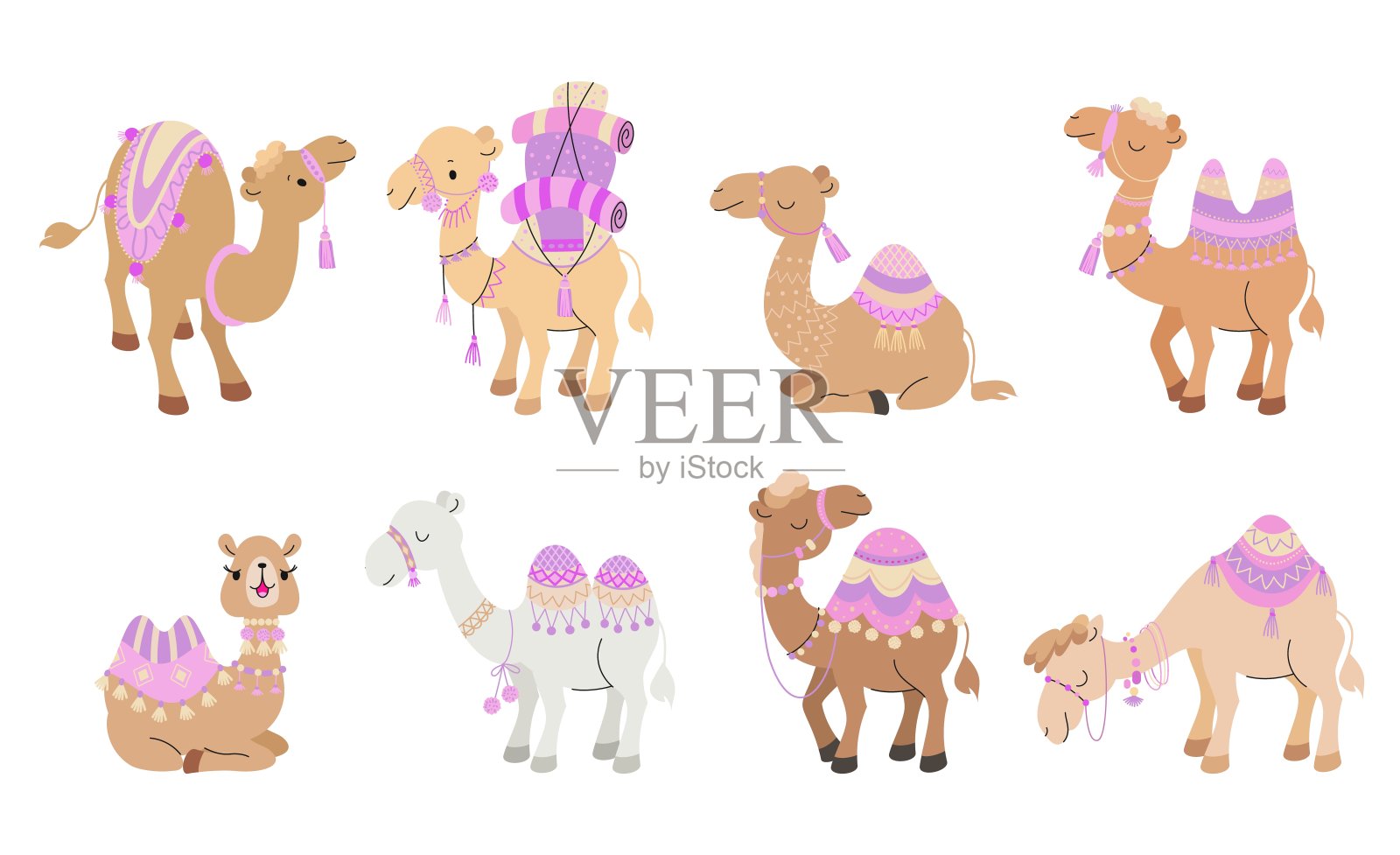 卡通骆驼。孤立的骆驼，可爱的沙漠动物，装饰地毯。阿拉伯动物，野生和宠物。有趣的孩子现在矢量字符插画图片素材