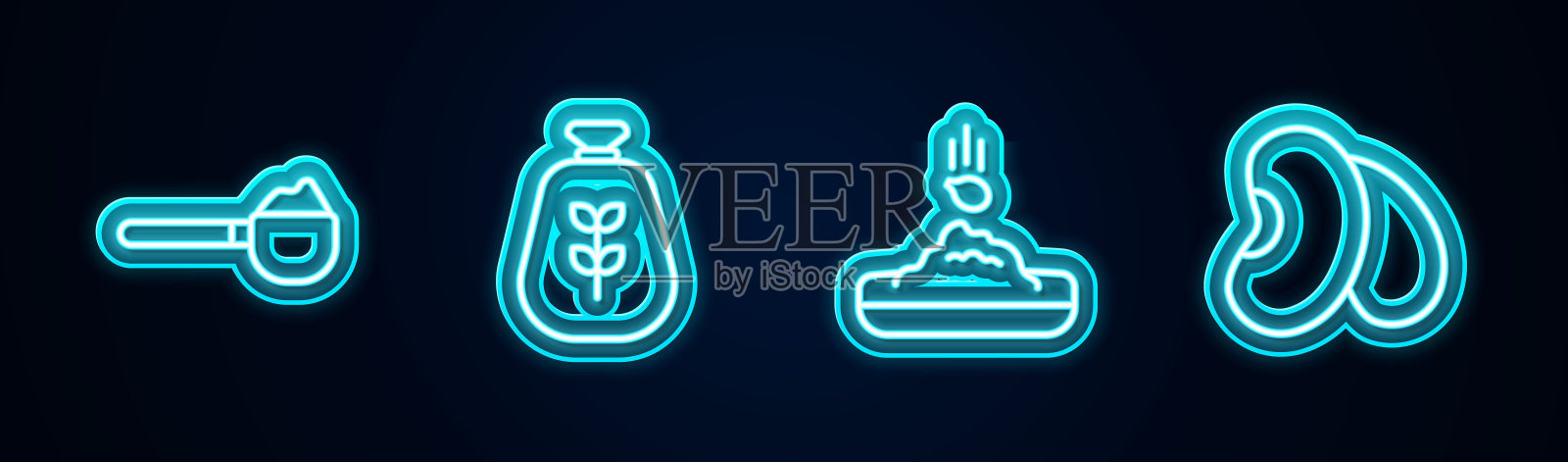 设置线量杯与面粉，袋，种子和豆类。发光的霓虹灯图标。向量插画图片素材