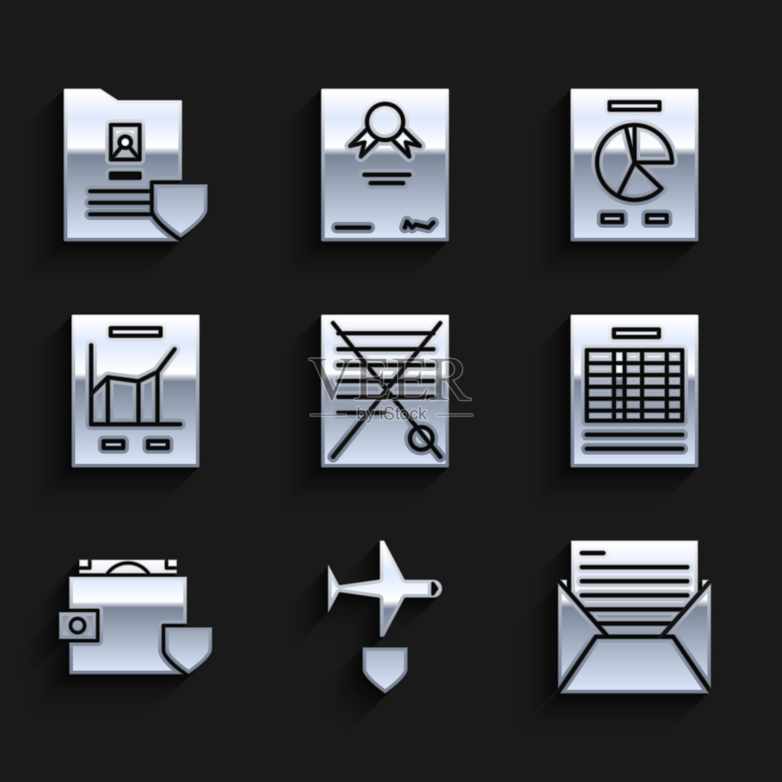 设置“删除文件文档”、“带屏蔽平面”、“邮件和电子邮件”、“报表”、“钱包钱”、“文档图表”、“图标”。向量插画图片素材