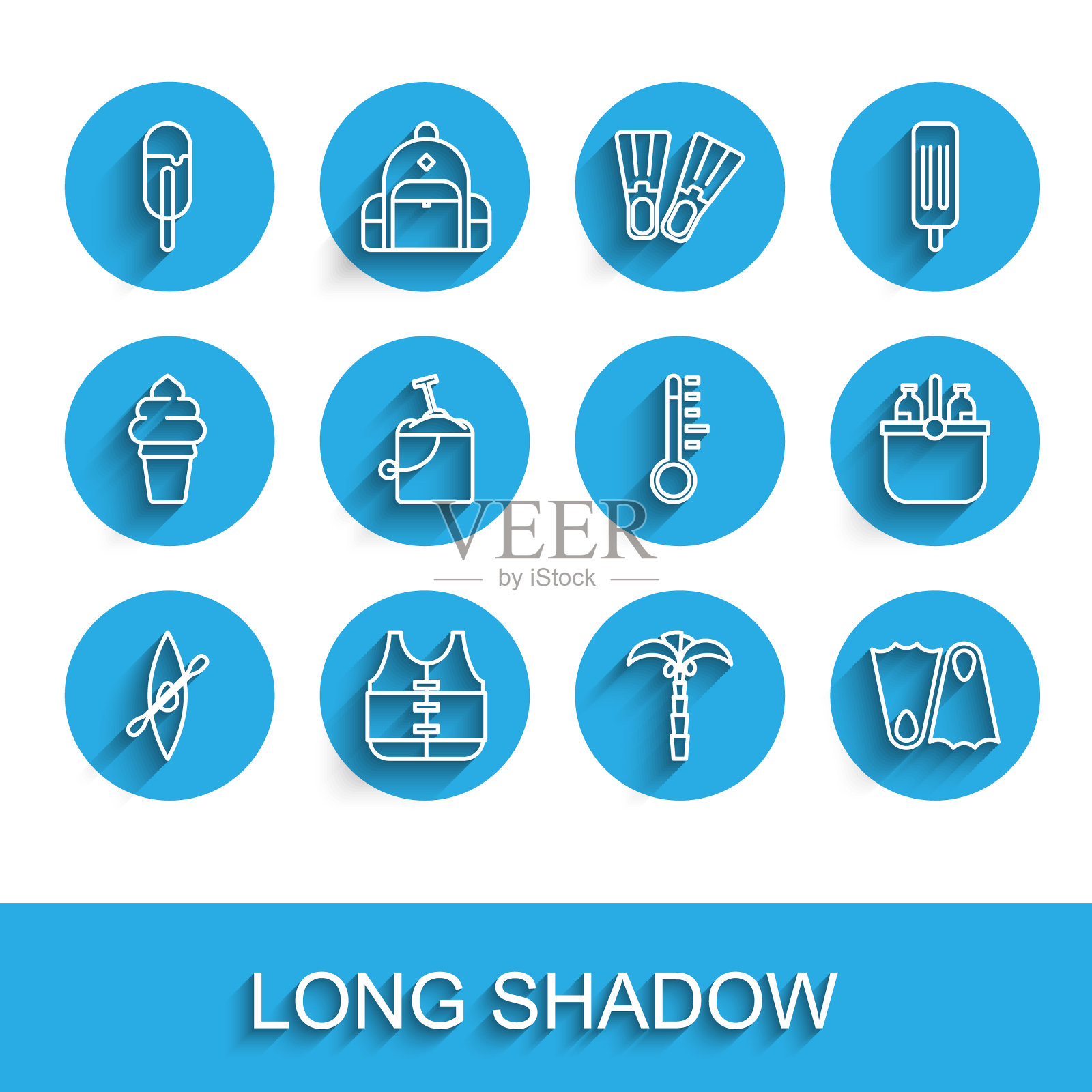 设置线皮艇或独木舟和桨，救生衣，冰淇淋，热带棕榈树，橡胶鳍，沙子在桶与铲子，冷却器袋水和气象温度计图标。向量插画图片素材