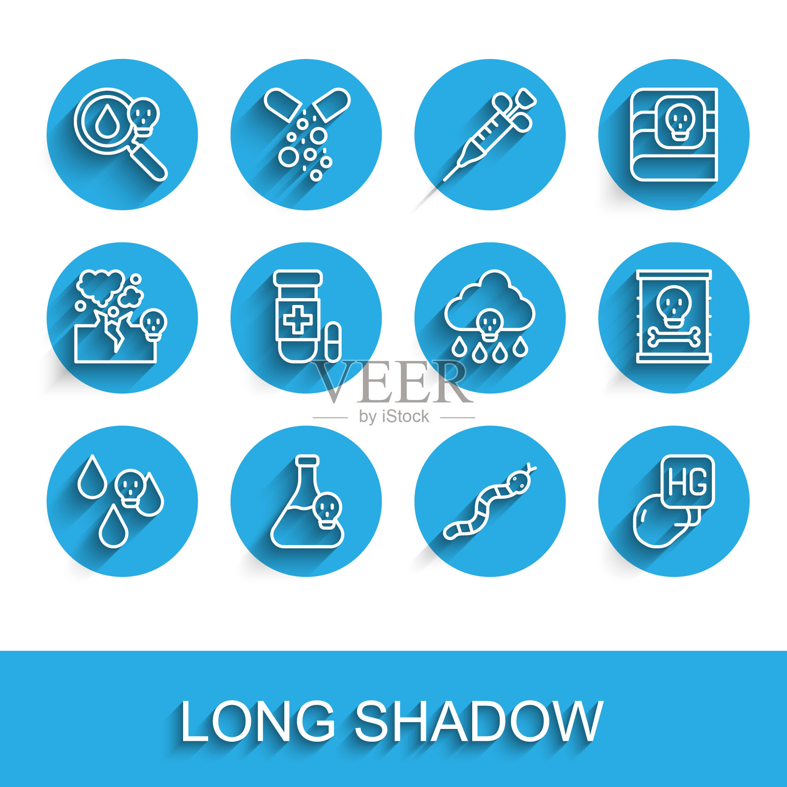 设置线酸雨，烧杯与有毒液体，有毒放大镜，蛇，汞滴，解毒剂，放射性废物桶和图标。向量插画图片素材