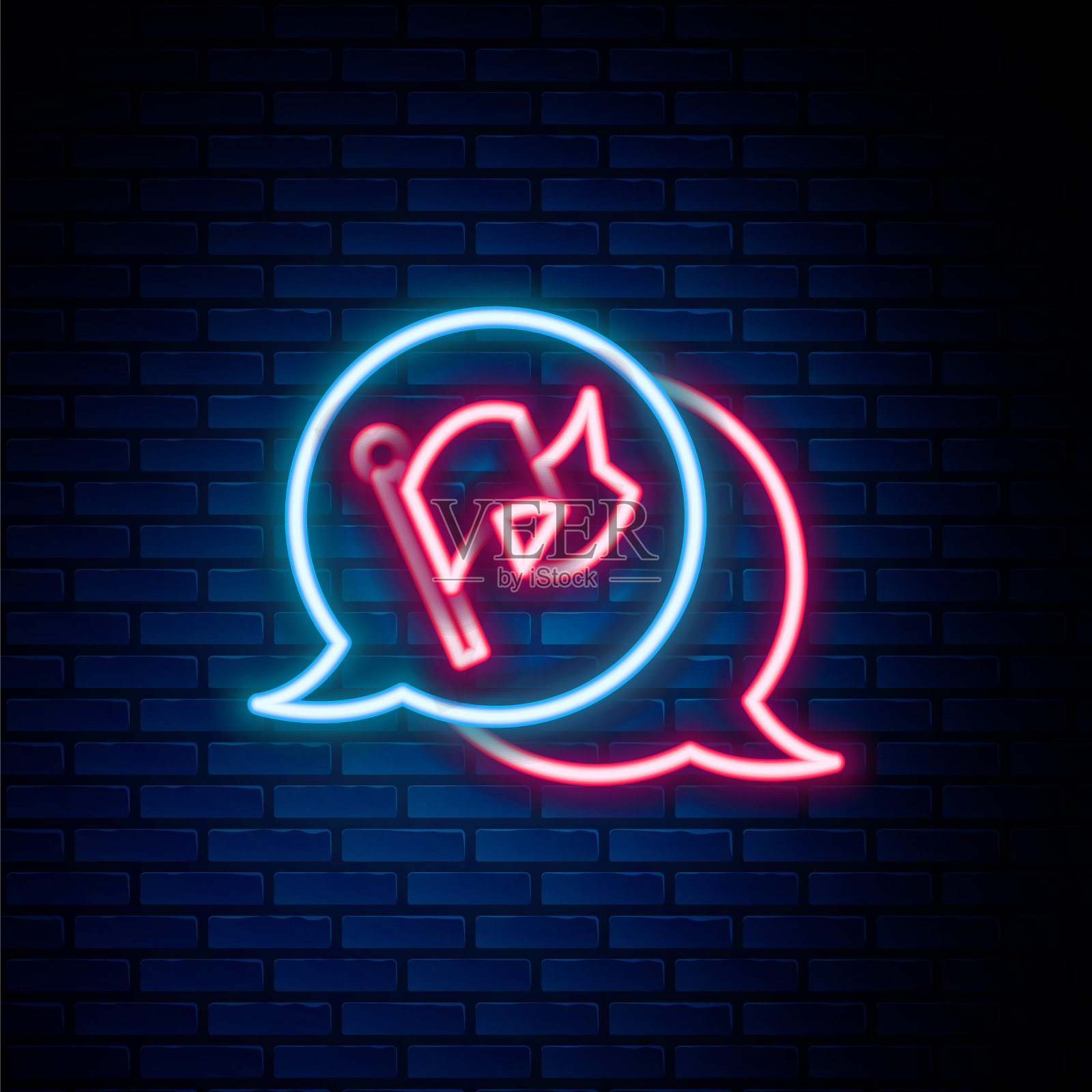 发光的霓虹灯线标志图标孤立的砖墙背景。胜利、胜利和征服逆境的理念。色彩缤纷的轮廓概念。向量插画图片素材