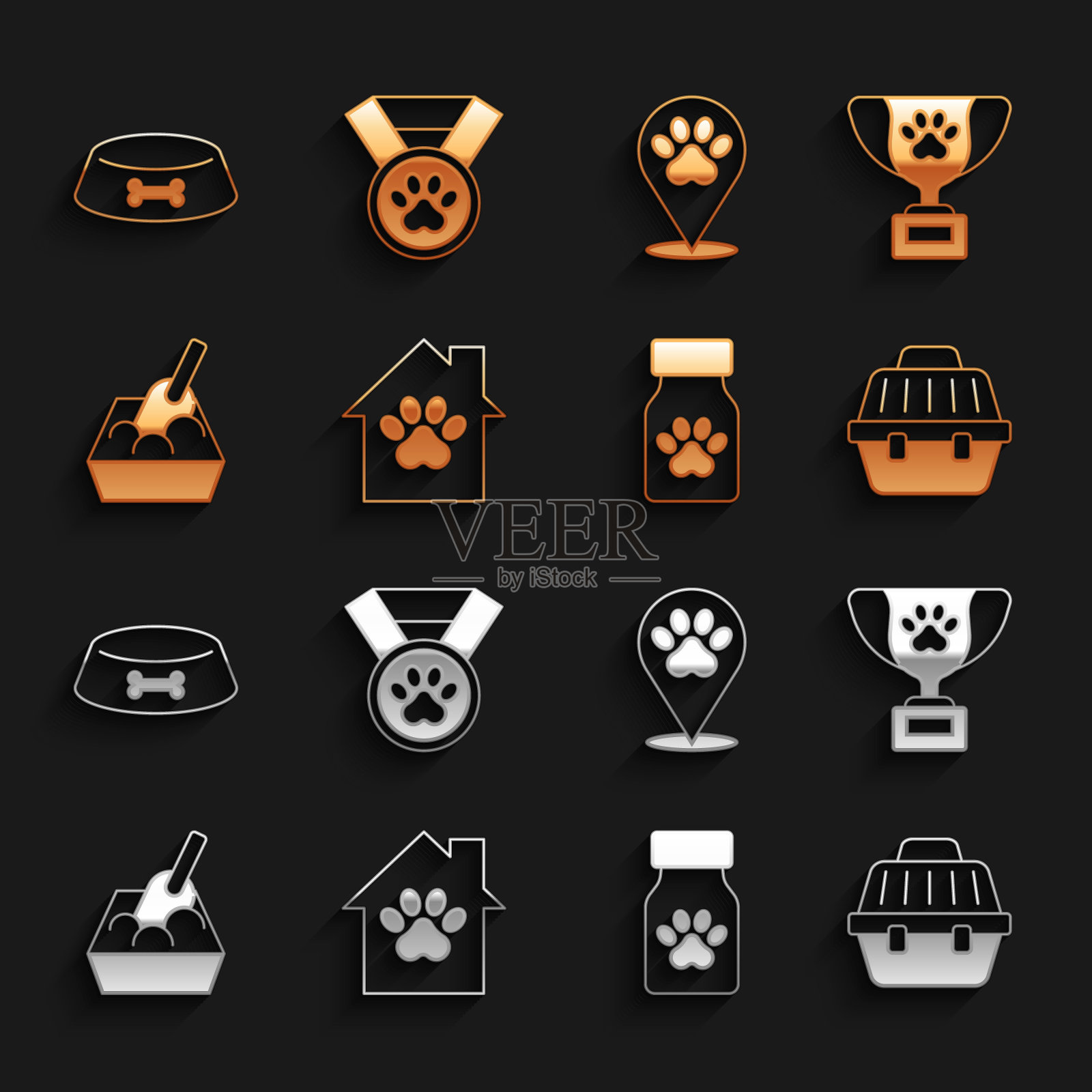 设置宠物屋，奖励标志，手提箱，药瓶和药丸，猫砂托盘铲，位置兽医医院，食物碗或狗和图标。向量插画图片素材