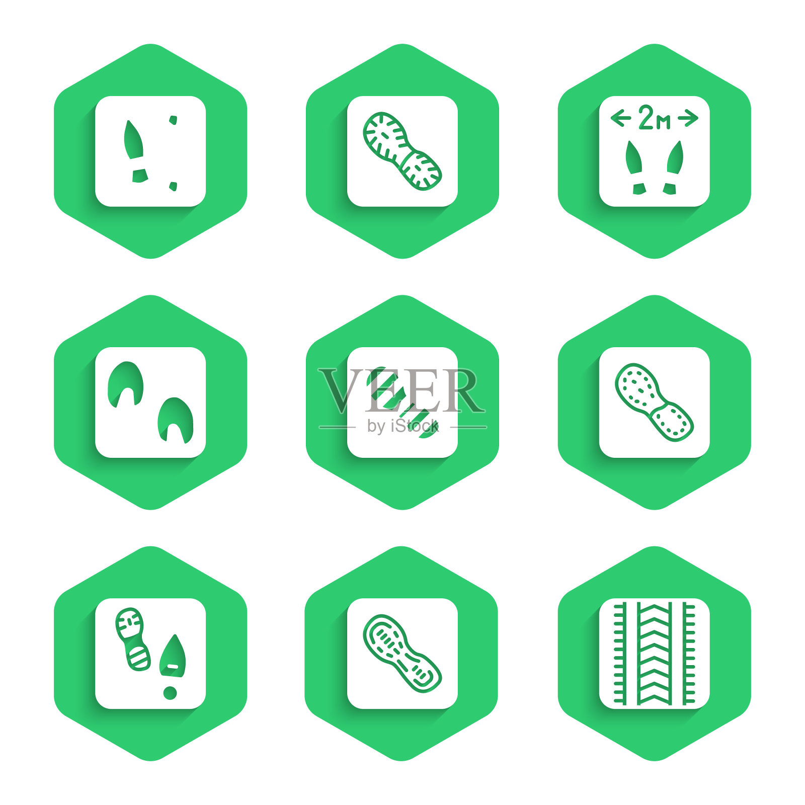 设置人类足迹鞋，轮胎轨道，马爪，安全距离和图标。向量插画图片素材