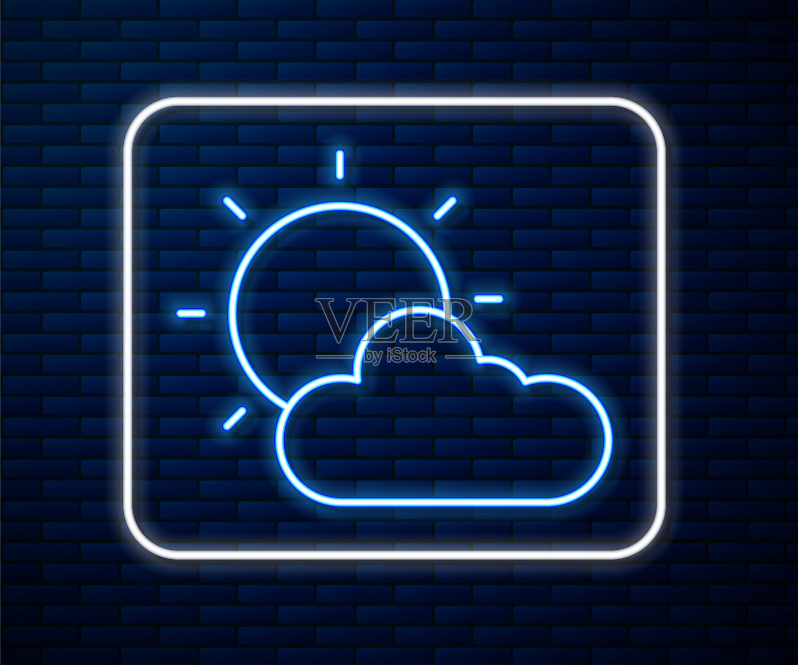 发光的霓虹灯线太阳和云天气图标孤立的砖墙背景。向量插画图片素材