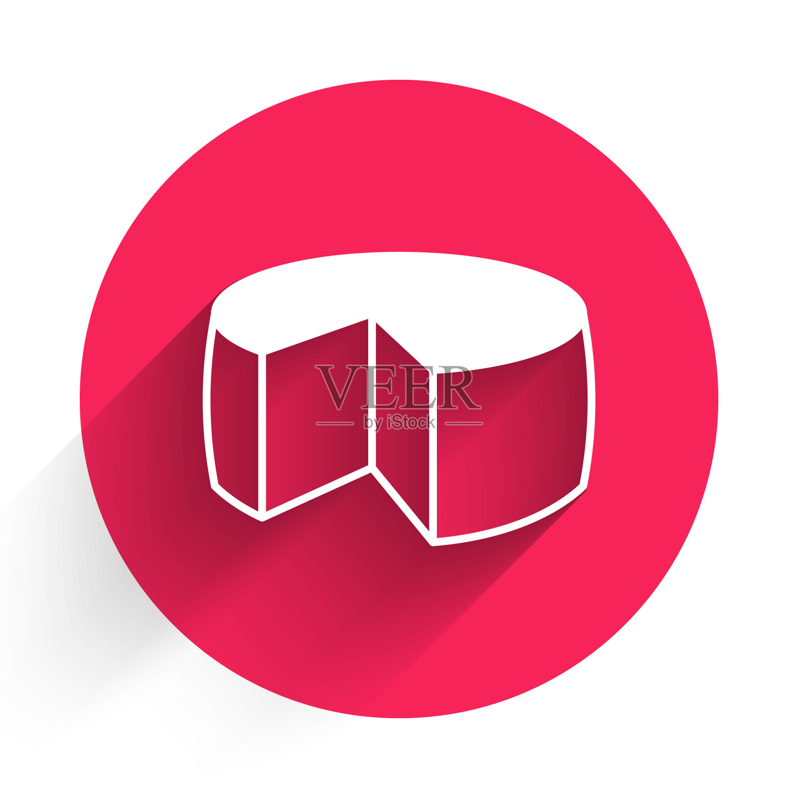 白色奶酪图标孤立的长阴影背景。红色圆圈按钮。向量插画图片素材