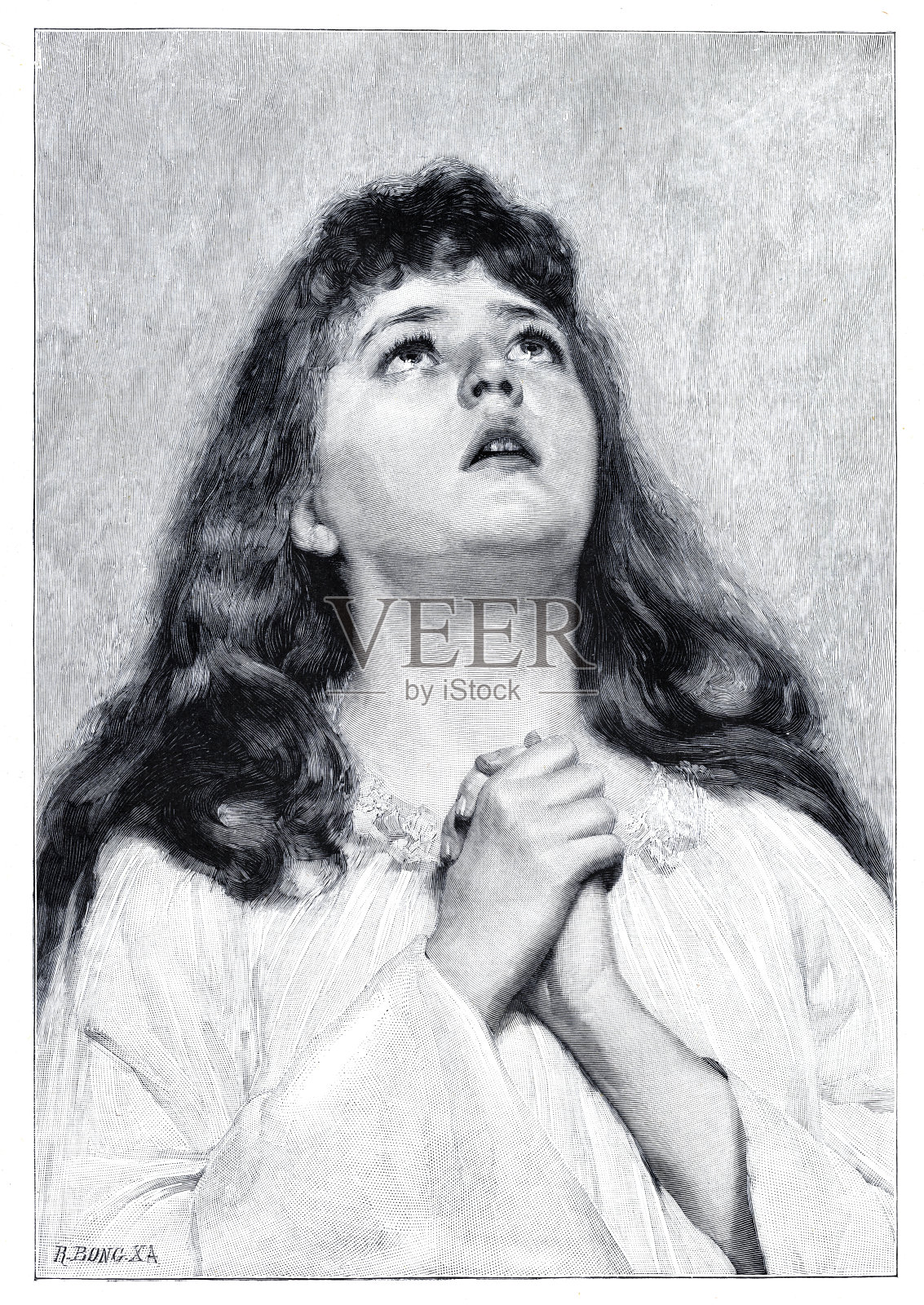 向上帝祈祷的年轻女子版画，1892年插画图片素材