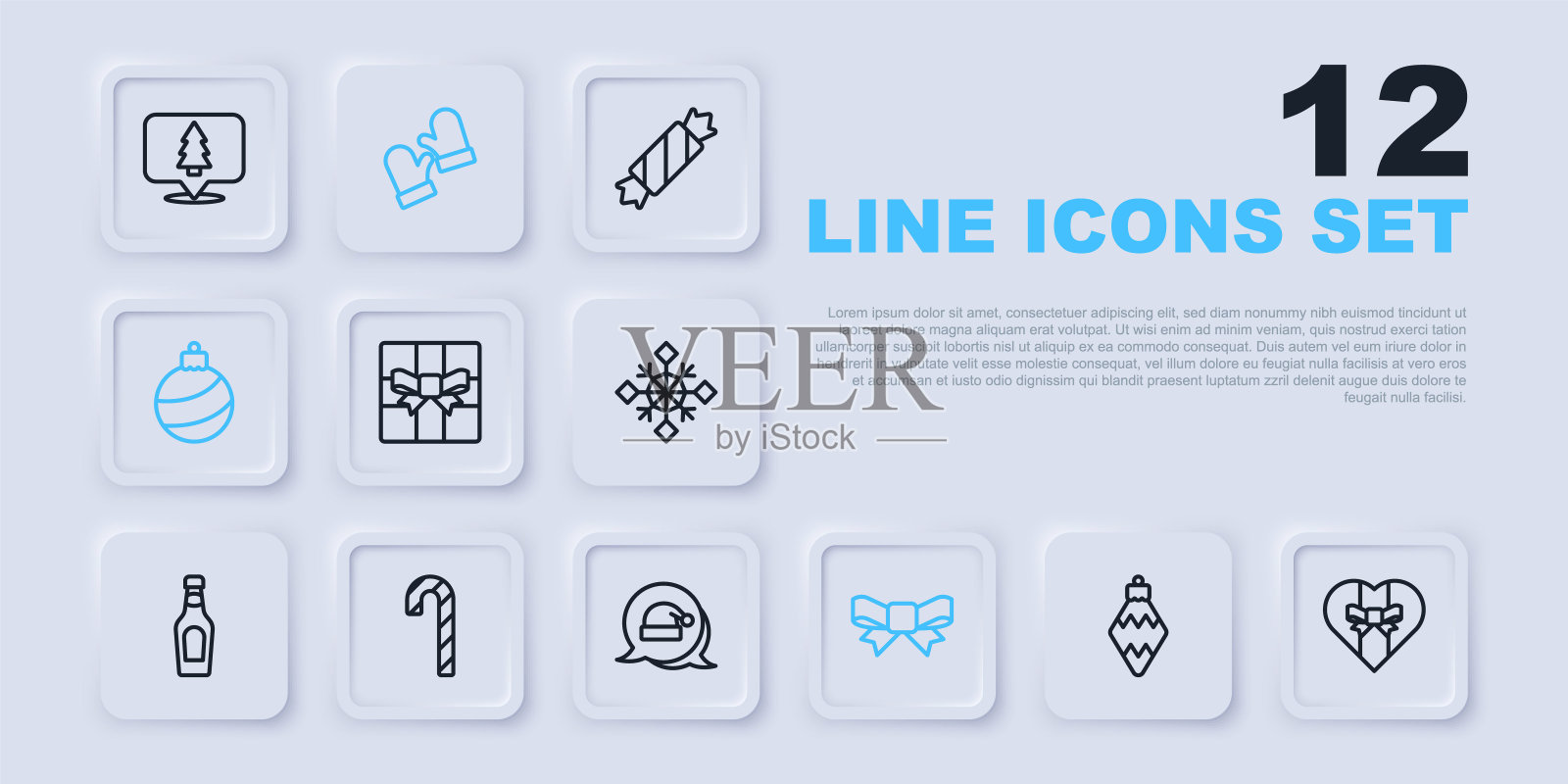 集线圣诞玩具，礼盒，弓，球，糖果手杖与条纹，连指手套和圣诞老人帽子图标。向量插画图片素材