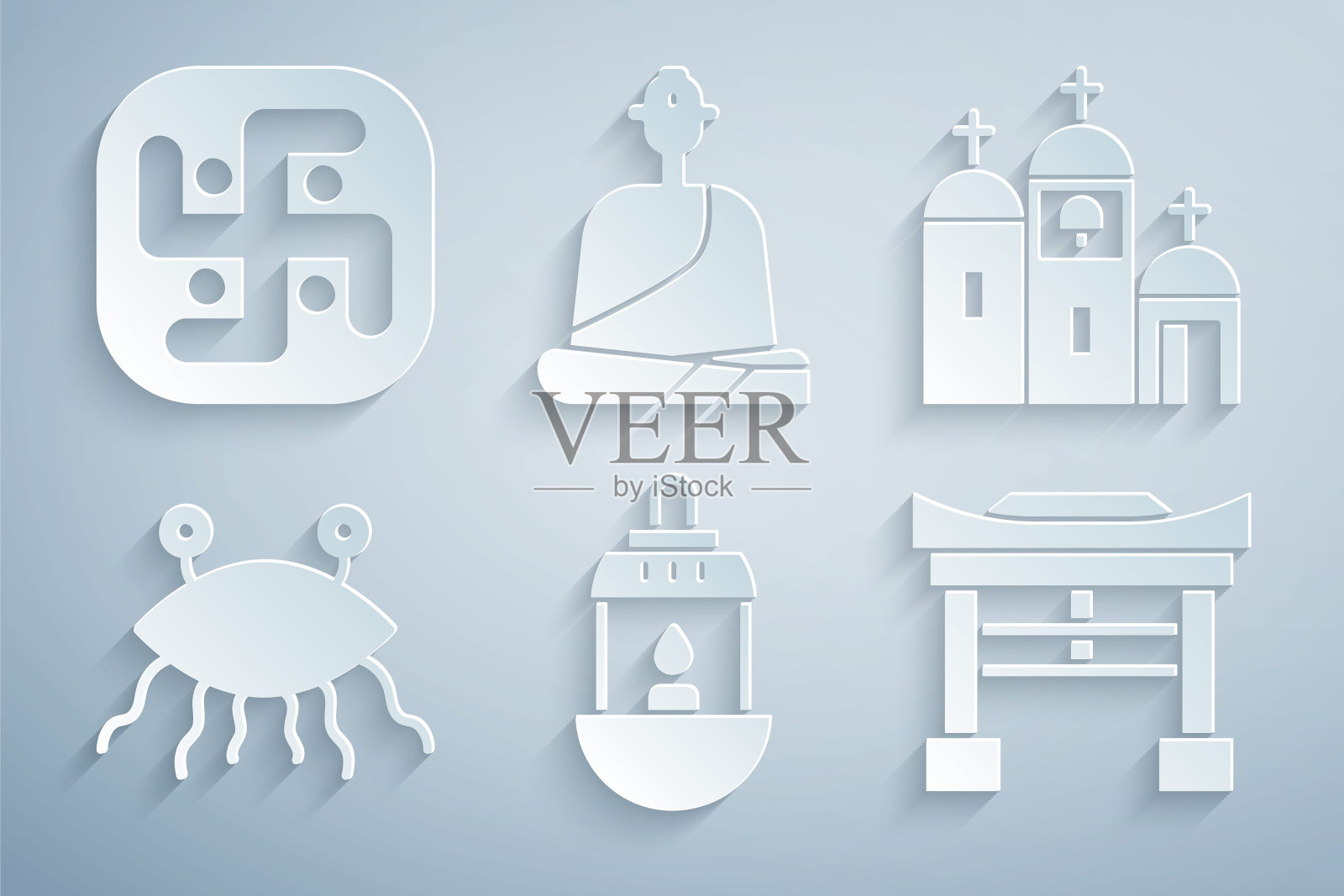 设置斋月卡里姆灯，教堂建筑，Pastafarianism，日本门，佛教僧侣和耆那教图标。向量插画图片素材