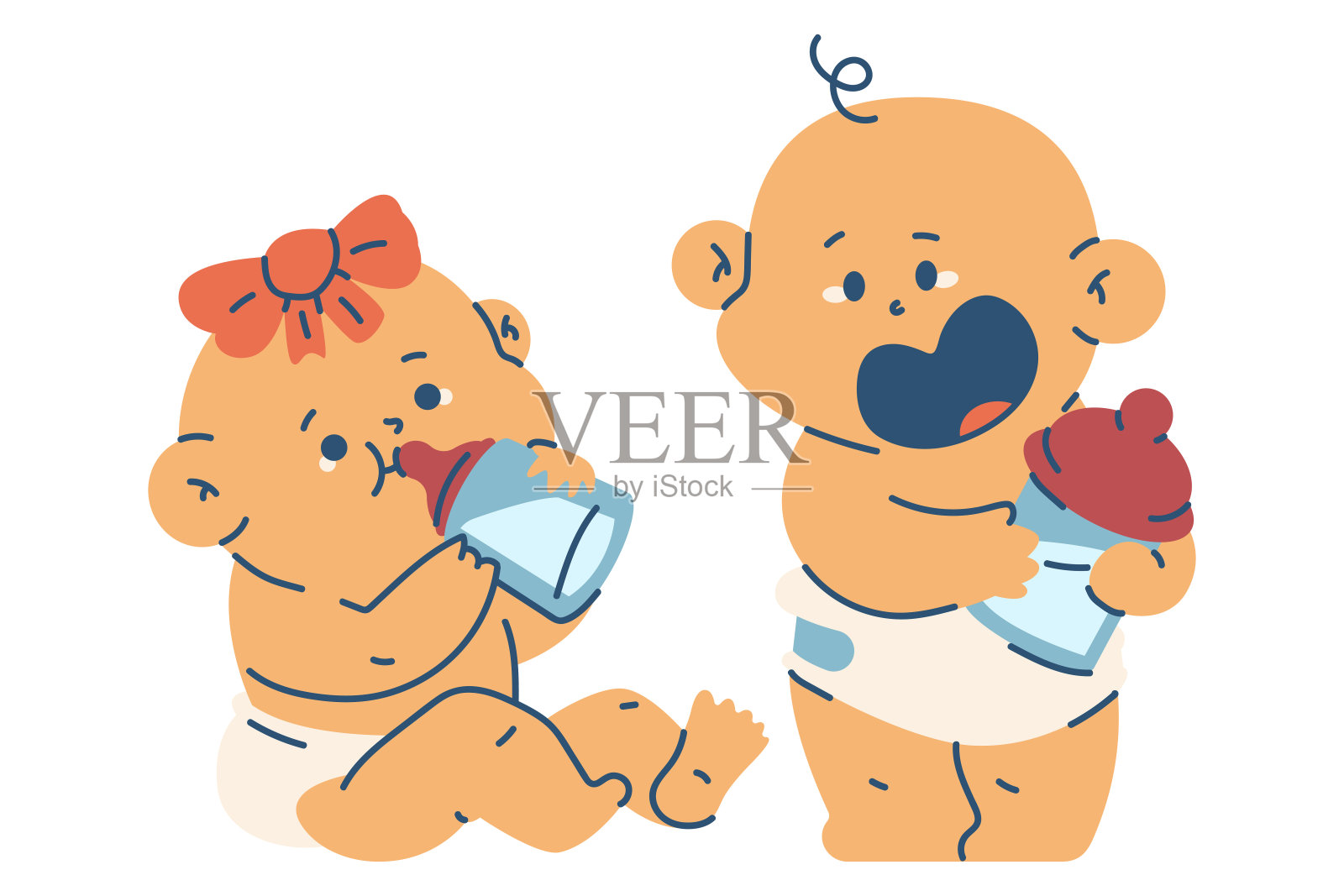 可爱的女婴和男孩与奶瓶矢量卡通人物插图孤立在一个白色的背景。插画图片素材