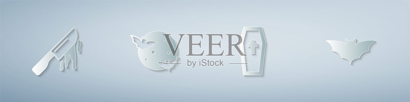 设置血刀，月亮和星星，棺材与基督教十字架和飞行蝙蝠。纸艺风格。向量插画图片素材