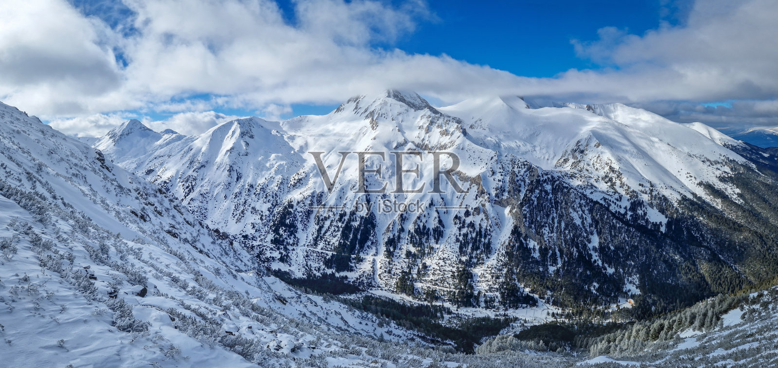 从空中俯瞰皮林山脉，岩石山峰被雪覆盖。保加利亚班斯科滑雪胜地的冬季景色照片摄影图片