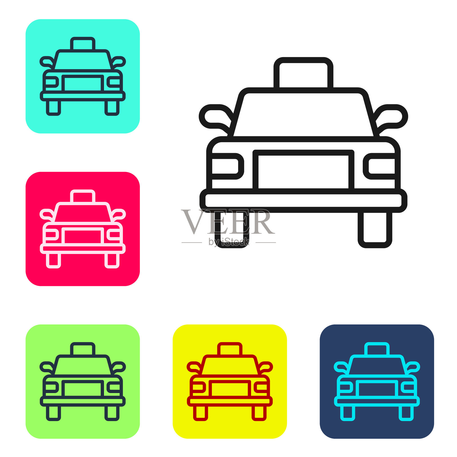 黑线出租车图标孤立的白色背景。设置图标为彩色方形按钮。向量插画图片素材