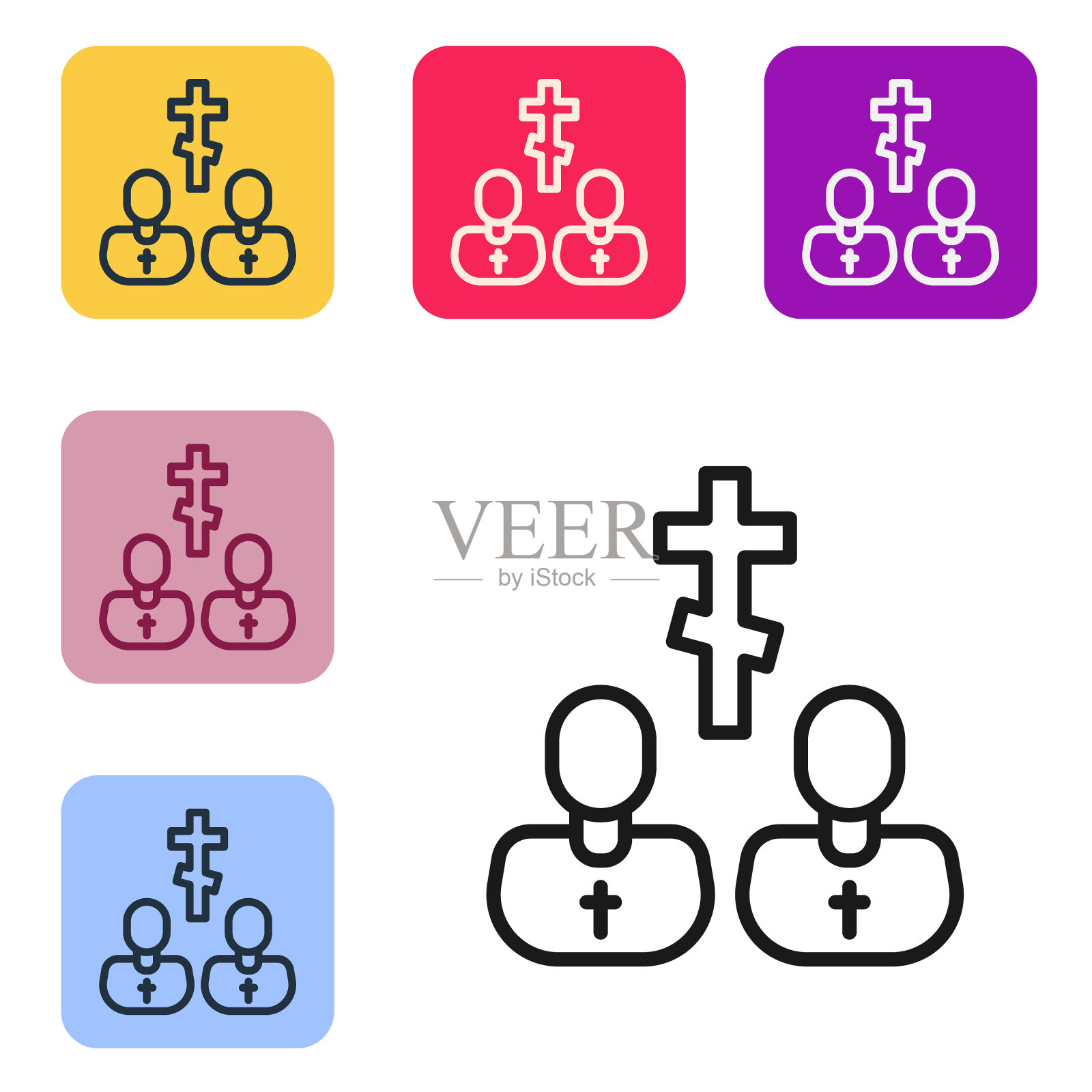 黑线牧师图标孤立在白色背景。设置图标为彩色方形按钮。向量插画图片素材