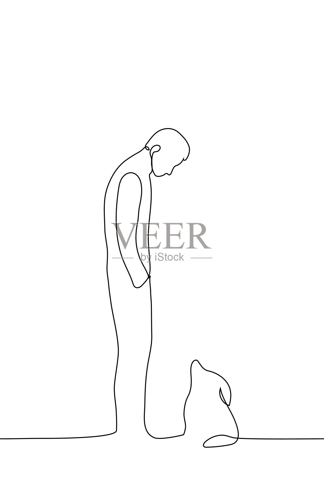 男人站在那里看着狗——画了一条线。遛狗概念，遇见流浪狗插画图片素材