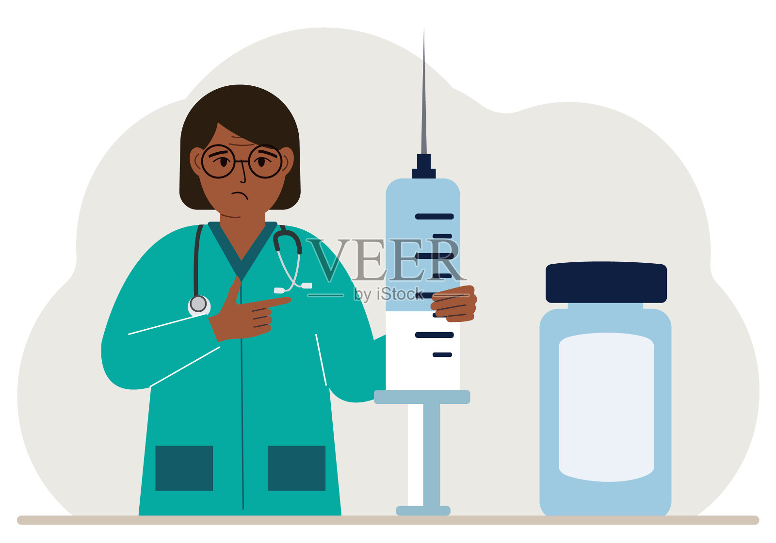 拿着大注射器和安瓿的女医生。插画图片素材