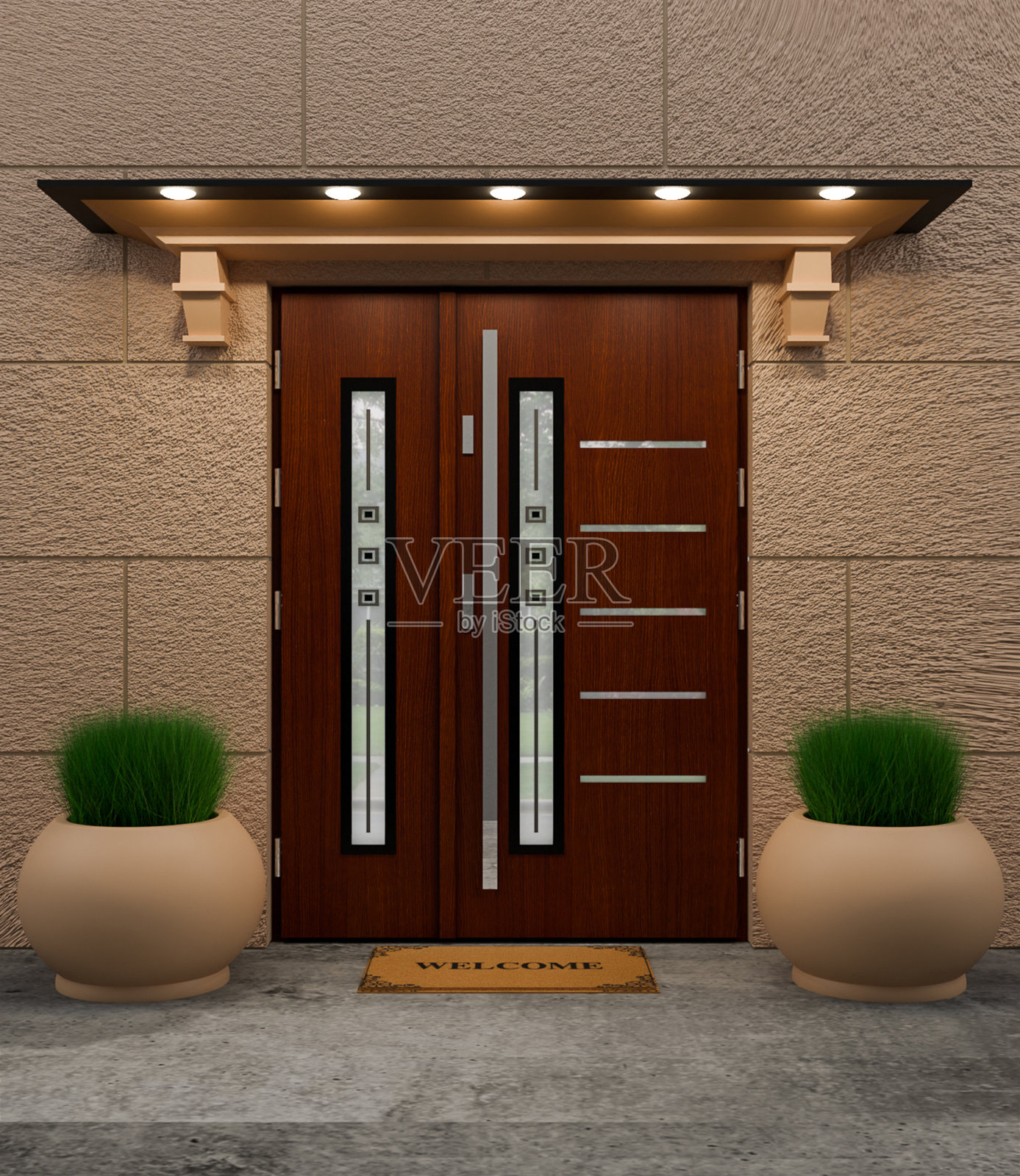 乡村别墅的设计师入口门。现代设计。豪华的外观。带有现代门的现代建筑的正面。照片摄影图片