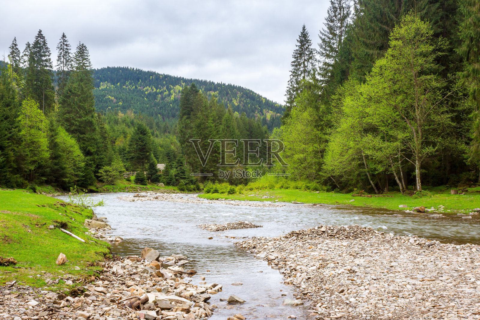 这条河流经喀尔巴阡山脉的山谷照片摄影图片