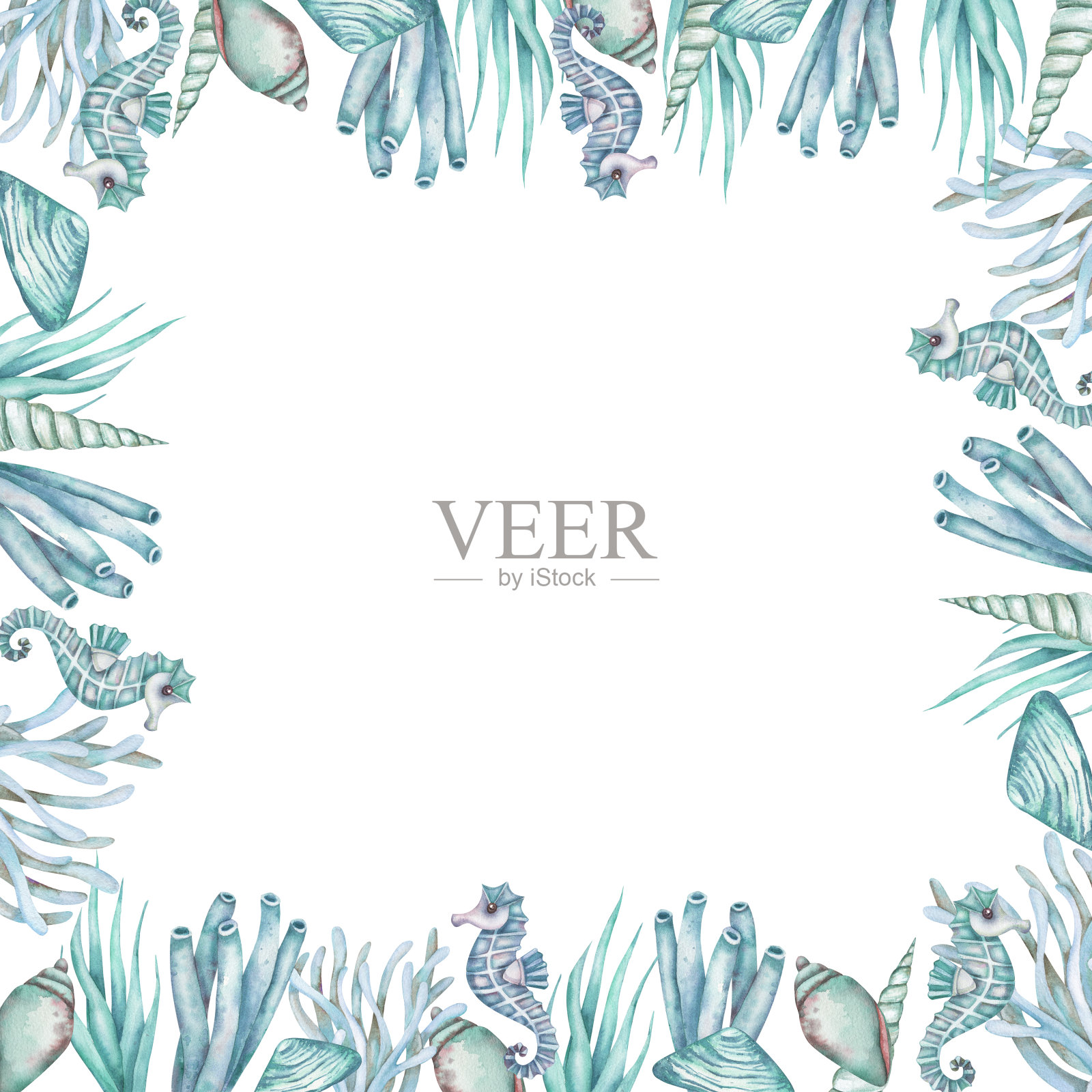 方形框架用手绘的水下生物物体，贝壳，海马。海洋的设计。手绘水彩画在白色的背景插画图片素材