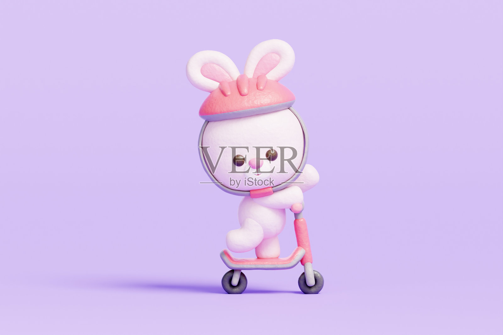 3D萌兔熊玩滑板车，卡通动物角色，3D渲染。照片摄影图片