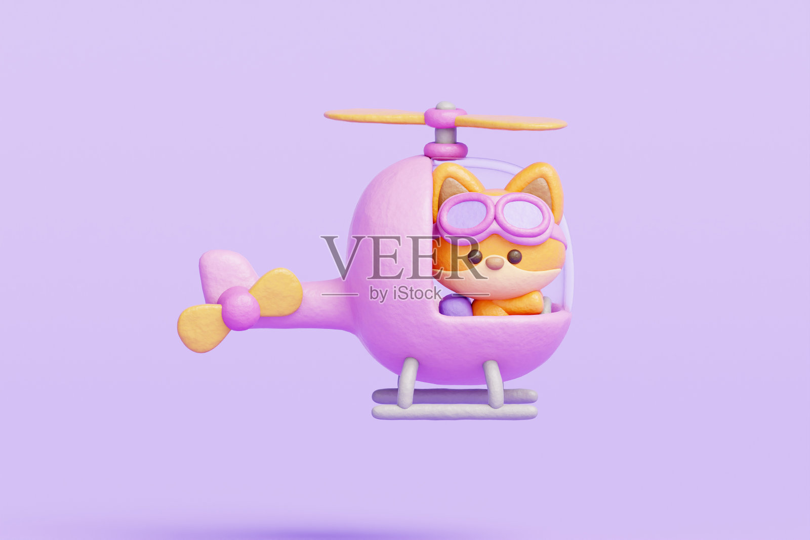 3D可爱狐狸驾驶直升机飞机，卡通动物角色，3D渲染。照片摄影图片