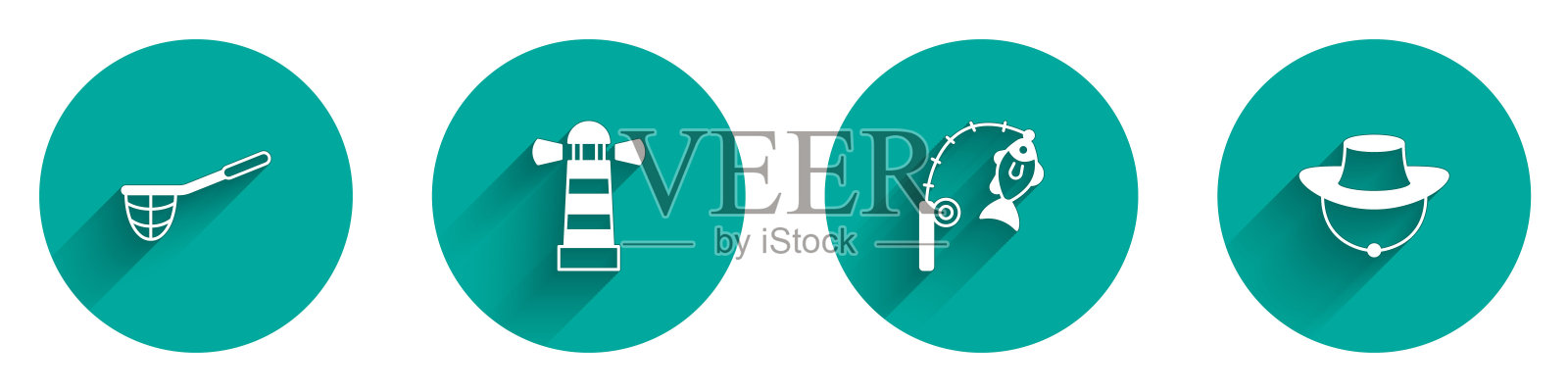 集渔网，灯塔，杆和鱼和渔夫帽图标长阴影。向量插画图片素材