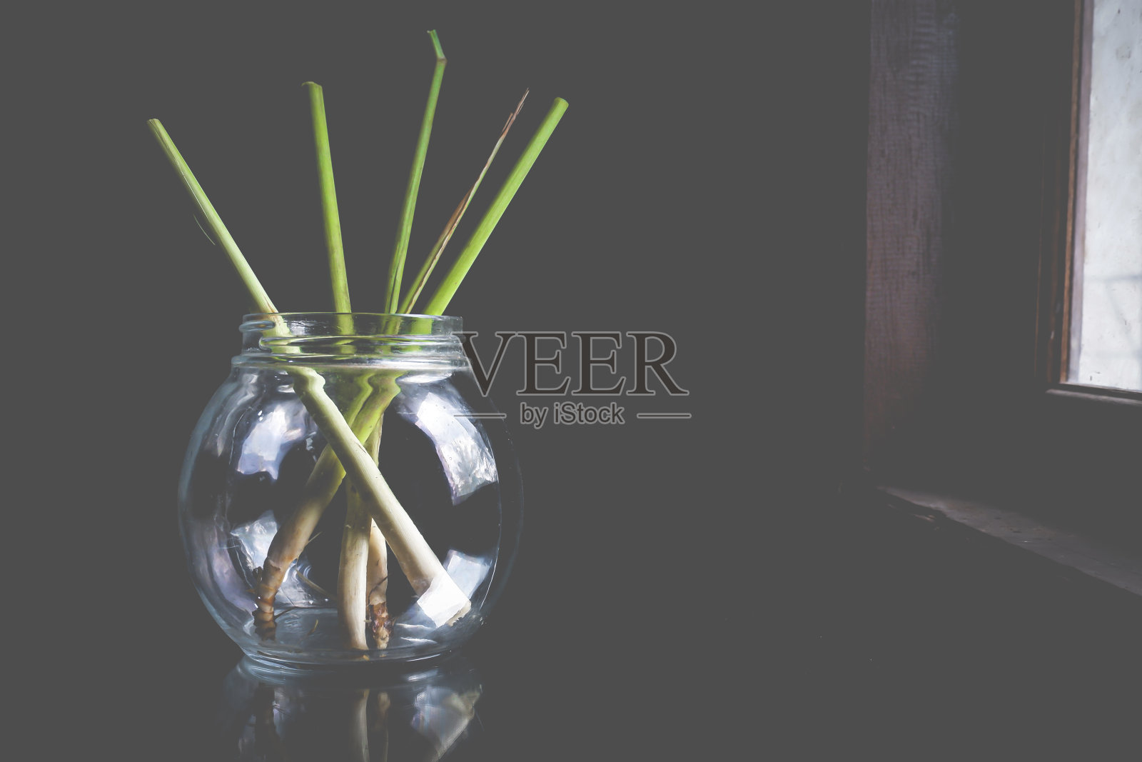 香茅茎置圆罐，玻璃罐靠近窗户，装饰为透明圆罐照片摄影图片