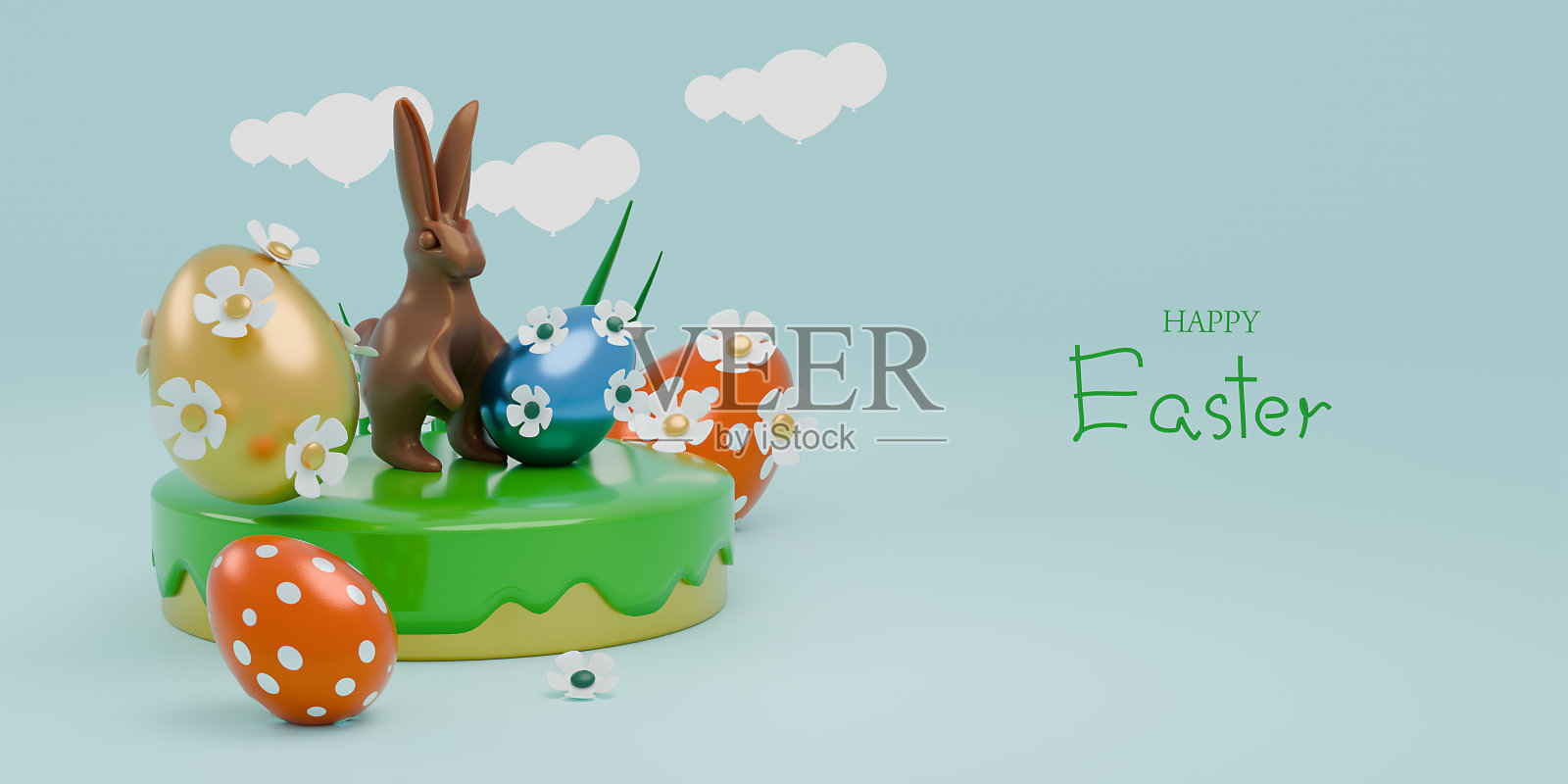 复活节快乐的横幅。欢迎横幅。3 d渲染。文本空间。照片摄影图片