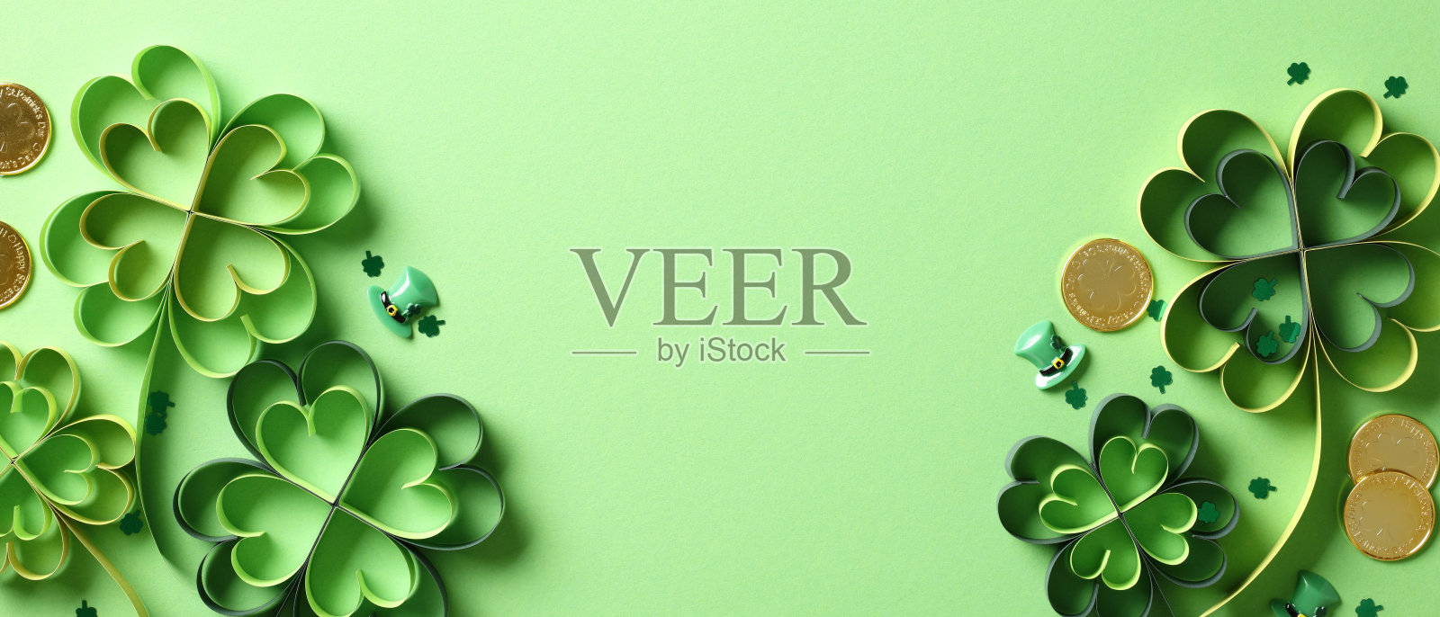 圣帕特里克节横幅设计用四叶草纸艺术、金币、五彩纸屑。照片摄影图片