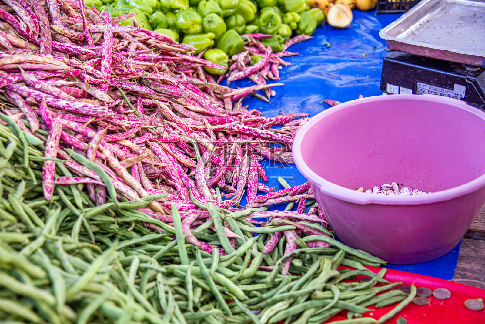市场摊位上的四季豆和芸豆照片摄影图片