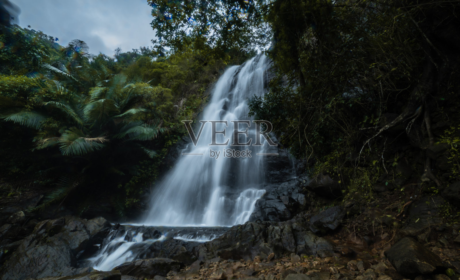 美丽的长曝光拍摄瀑布与森林景观照片摄影图片