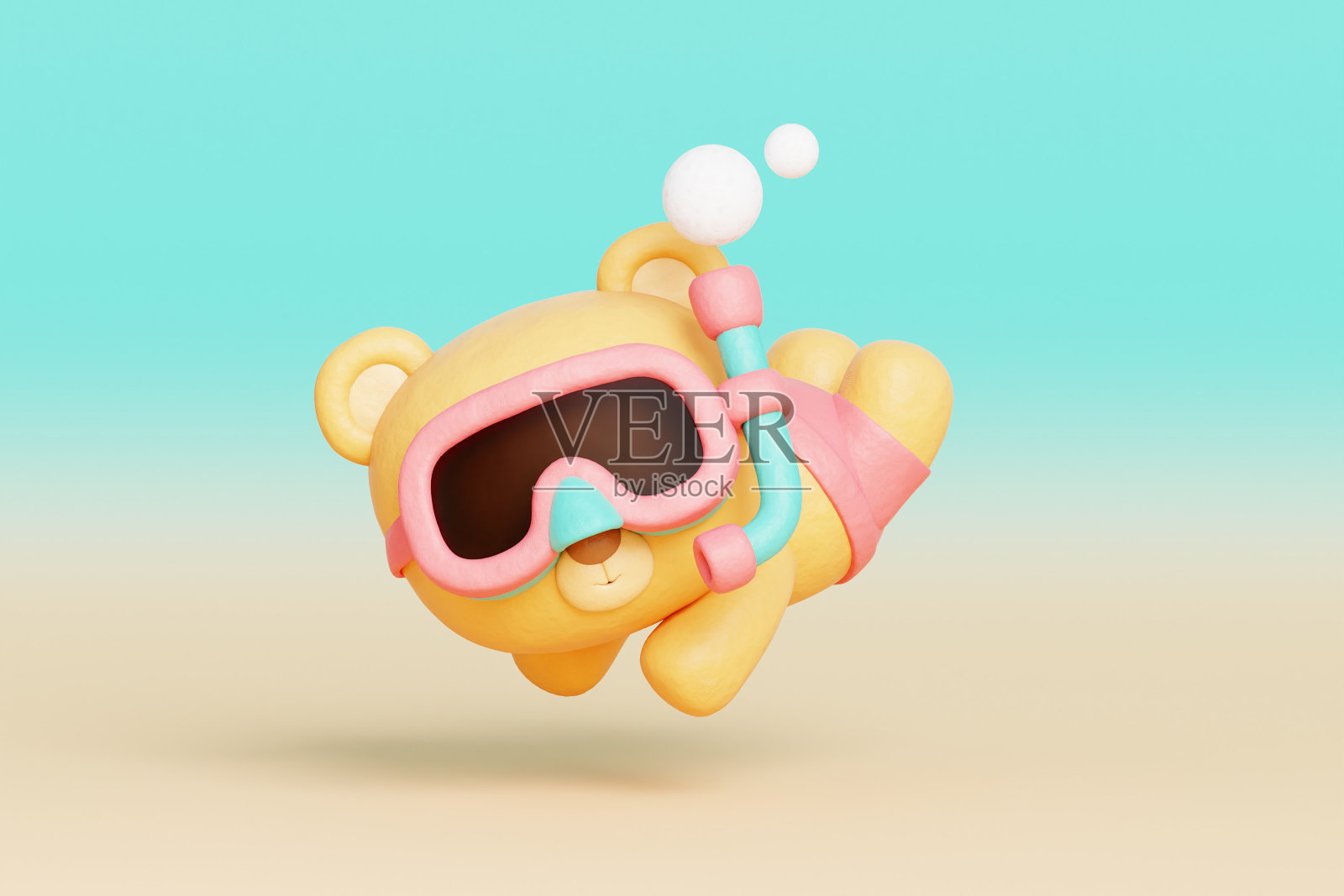 3d沙滩上可爱的小熊动物，夏日沙滩卡通，假日度假。照片摄影图片