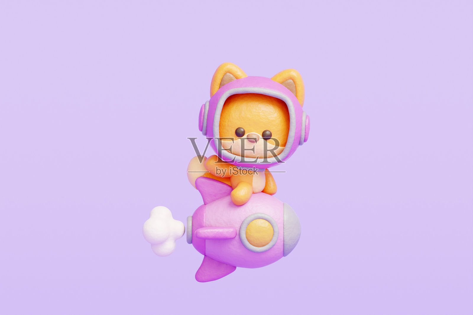 3D可爱的狐狸宇航员在火箭上，卡通动物角色，3D渲染。照片摄影图片