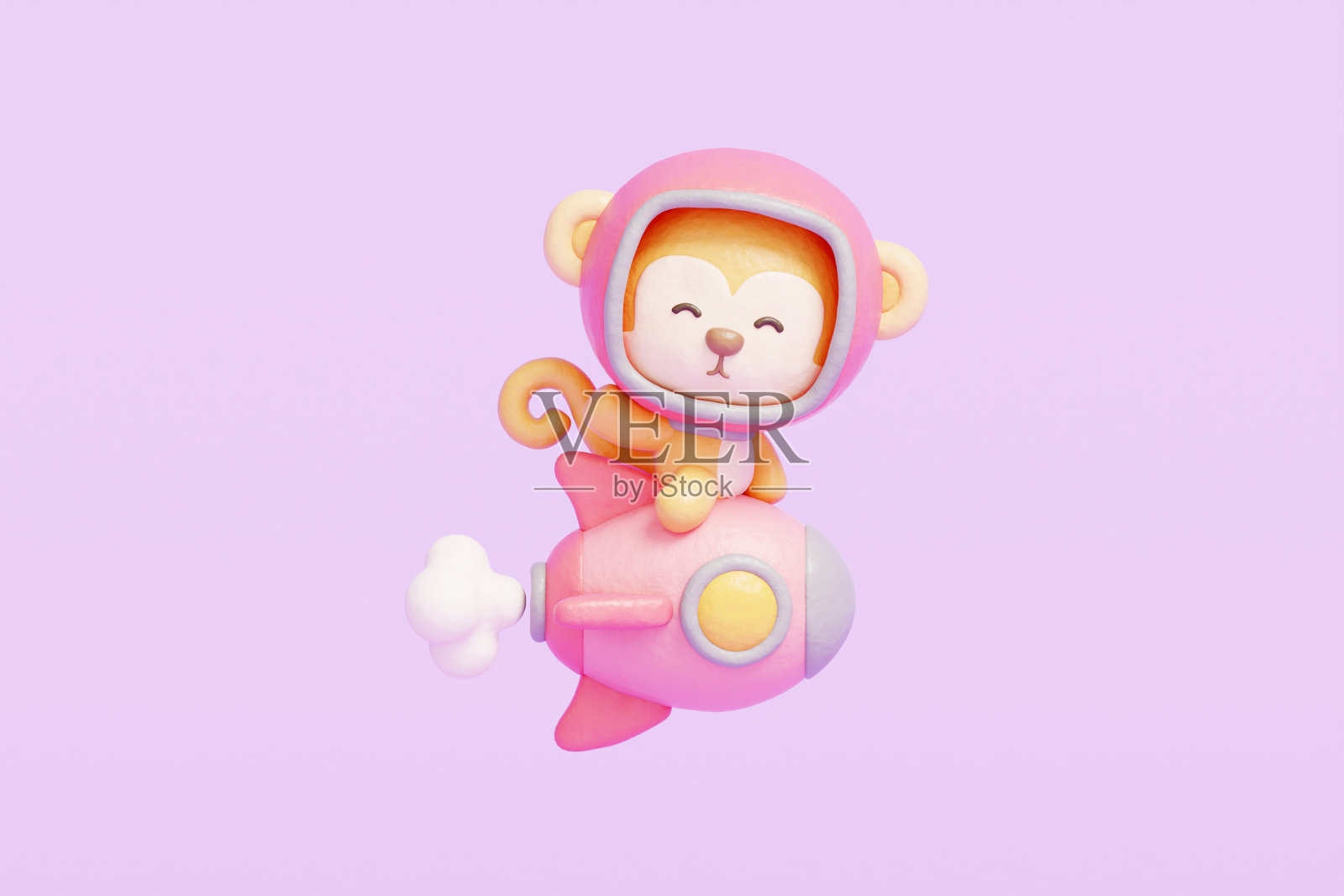 3D可爱的猴子宇航员在火箭上，卡通动物角色，3D渲染。照片摄影图片