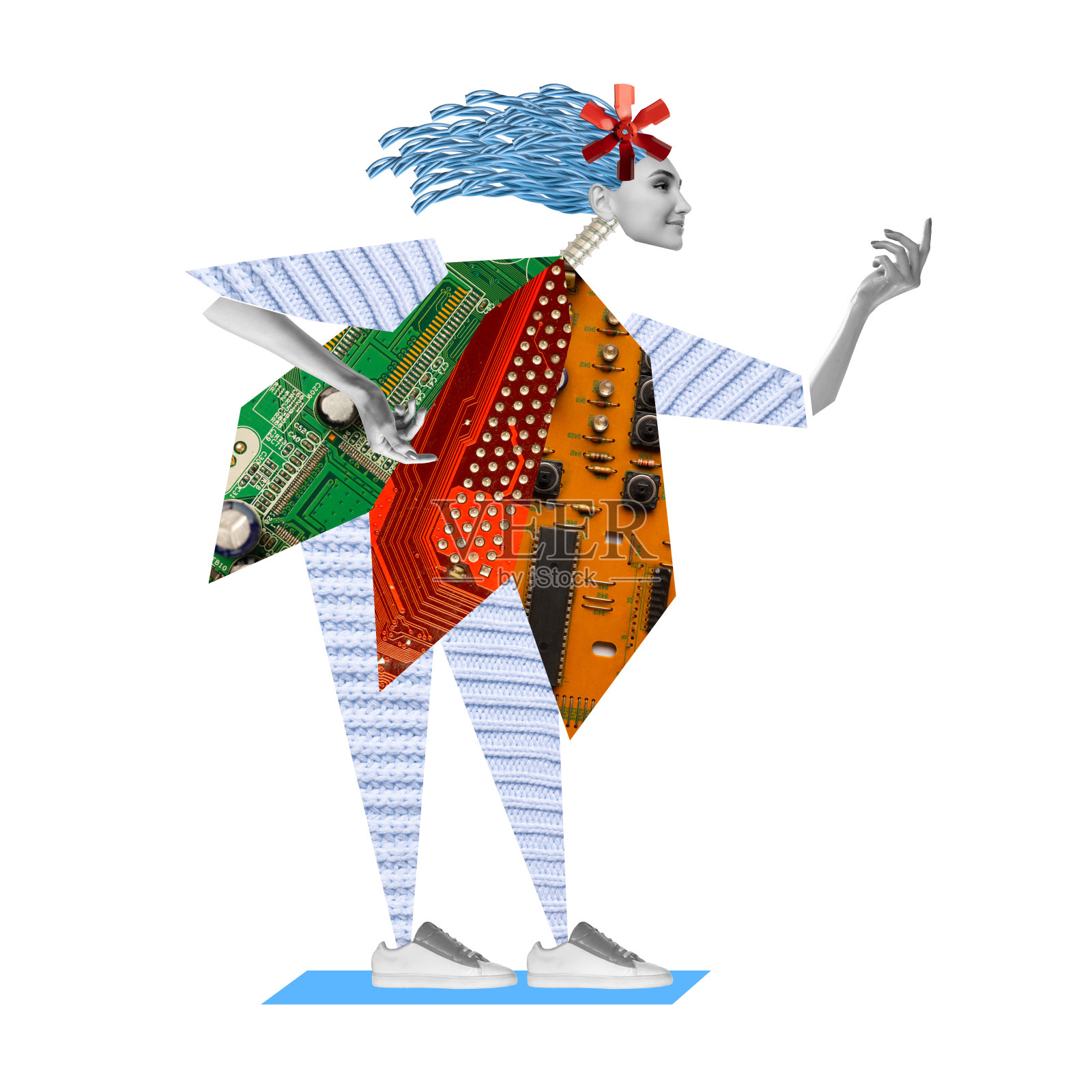 现代美学艺术作品。创造性的拼贴画。聪明的女人，机器人，用电缆代替头发，电路和纺织服装，指向上面。变形的效果。照片摄影图片