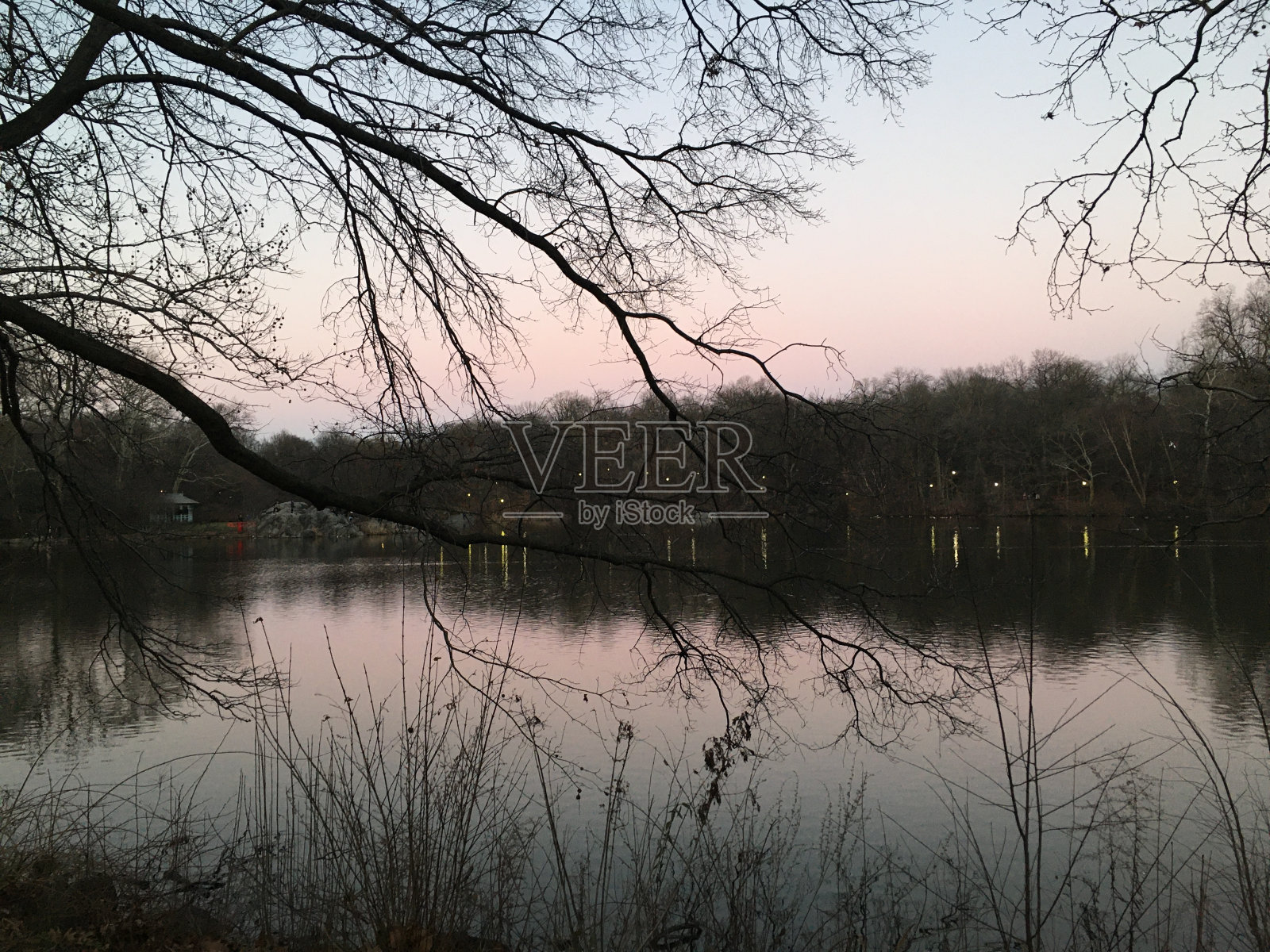 2月2日，纽约中央公园的日落。照片摄影图片