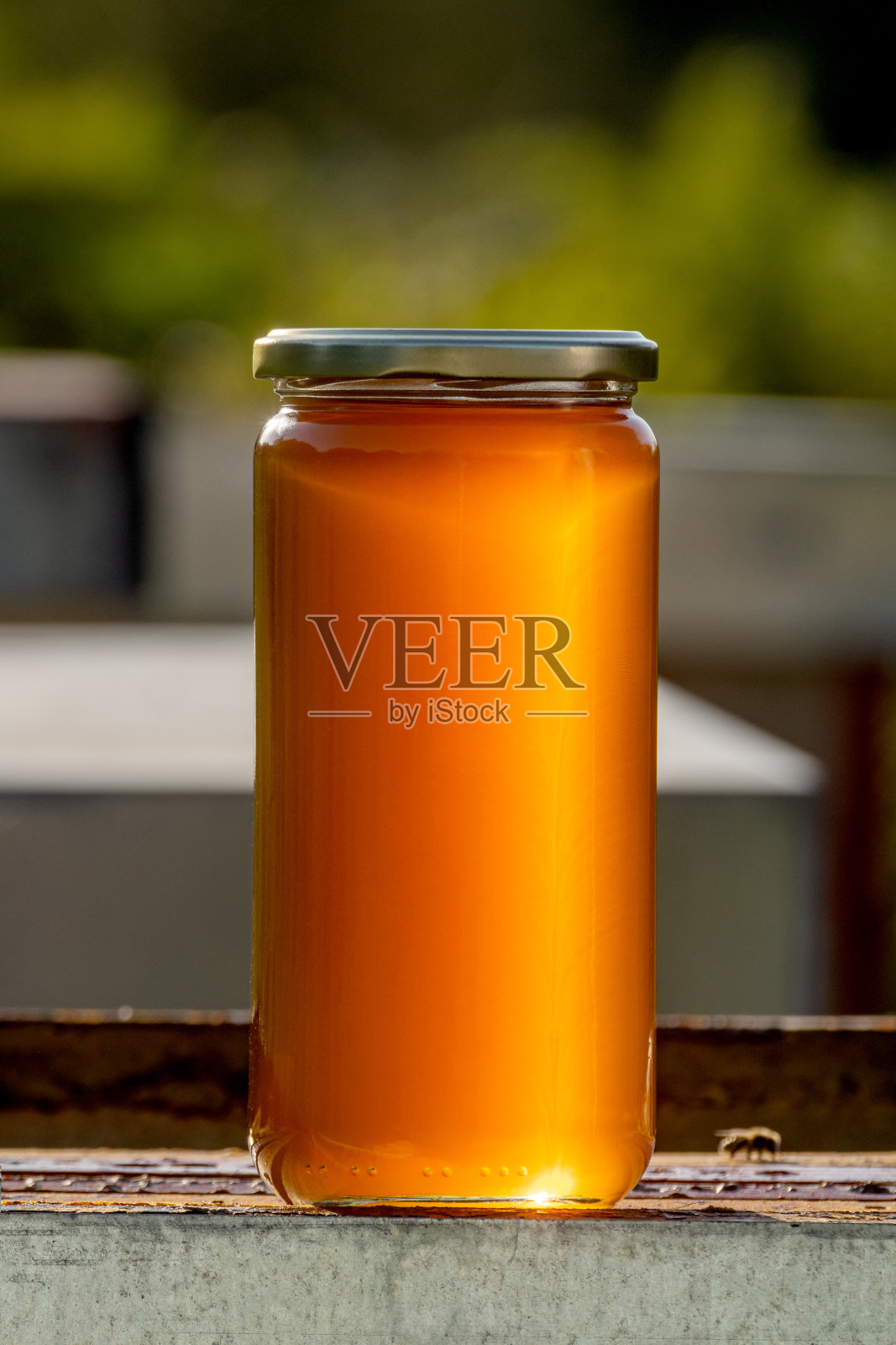 蜂箱上一大罐有机健康蜂蜜的特写照片摄影图片