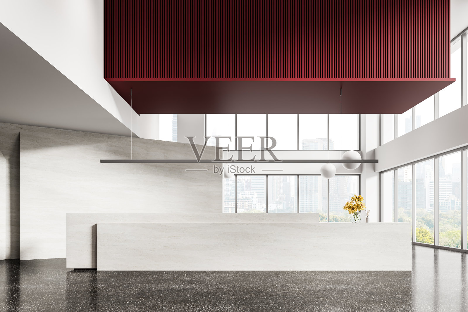 白色和红色的办公大厅内部设有接待处照片摄影图片