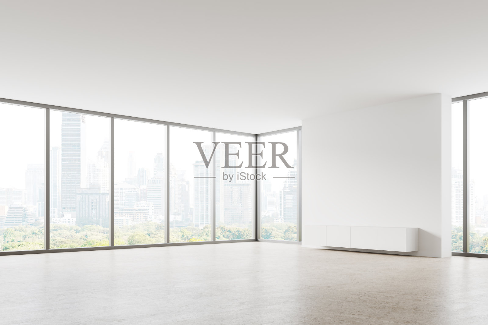 现代公寓的白色空厅，摩天大楼的全景窗口照片摄影图片