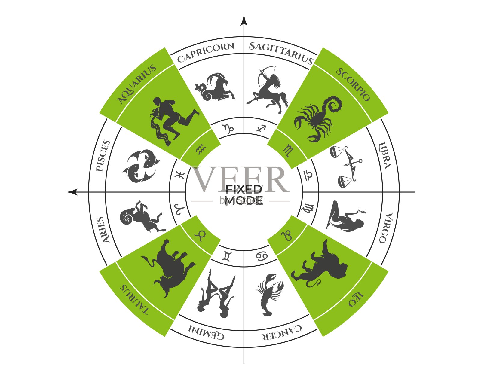 十二生肖轮固定模式。金牛座、狮子座、天蝎座和水瓶座。黄道星座，形态和占星术符号插画图片素材